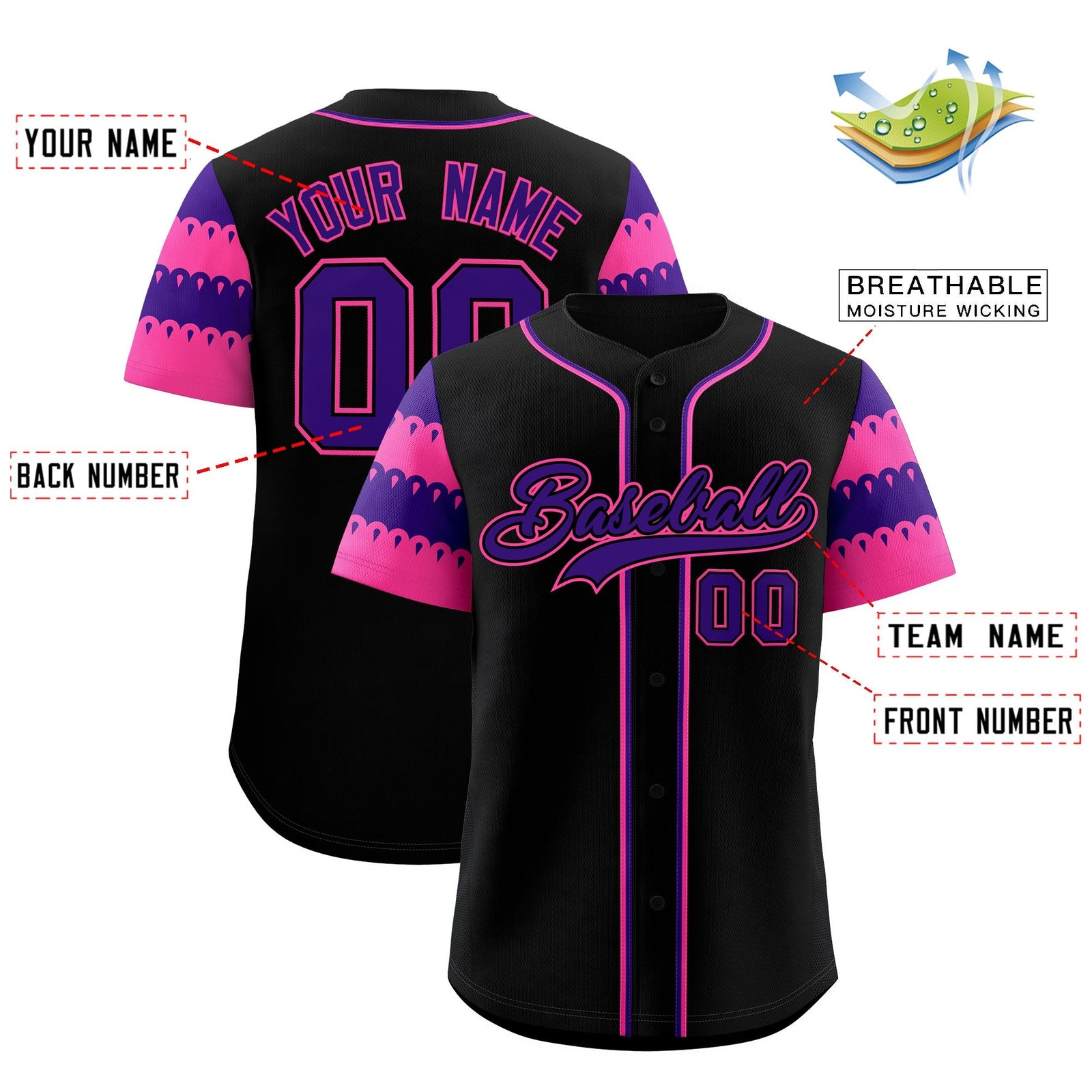 Custom Black Pink Purple Sleeve Flag Lace Baseball Jersey | Sublimation Printed & Embroidery,Add Name and Numbern,Perfect for Teams | KXKSHOP