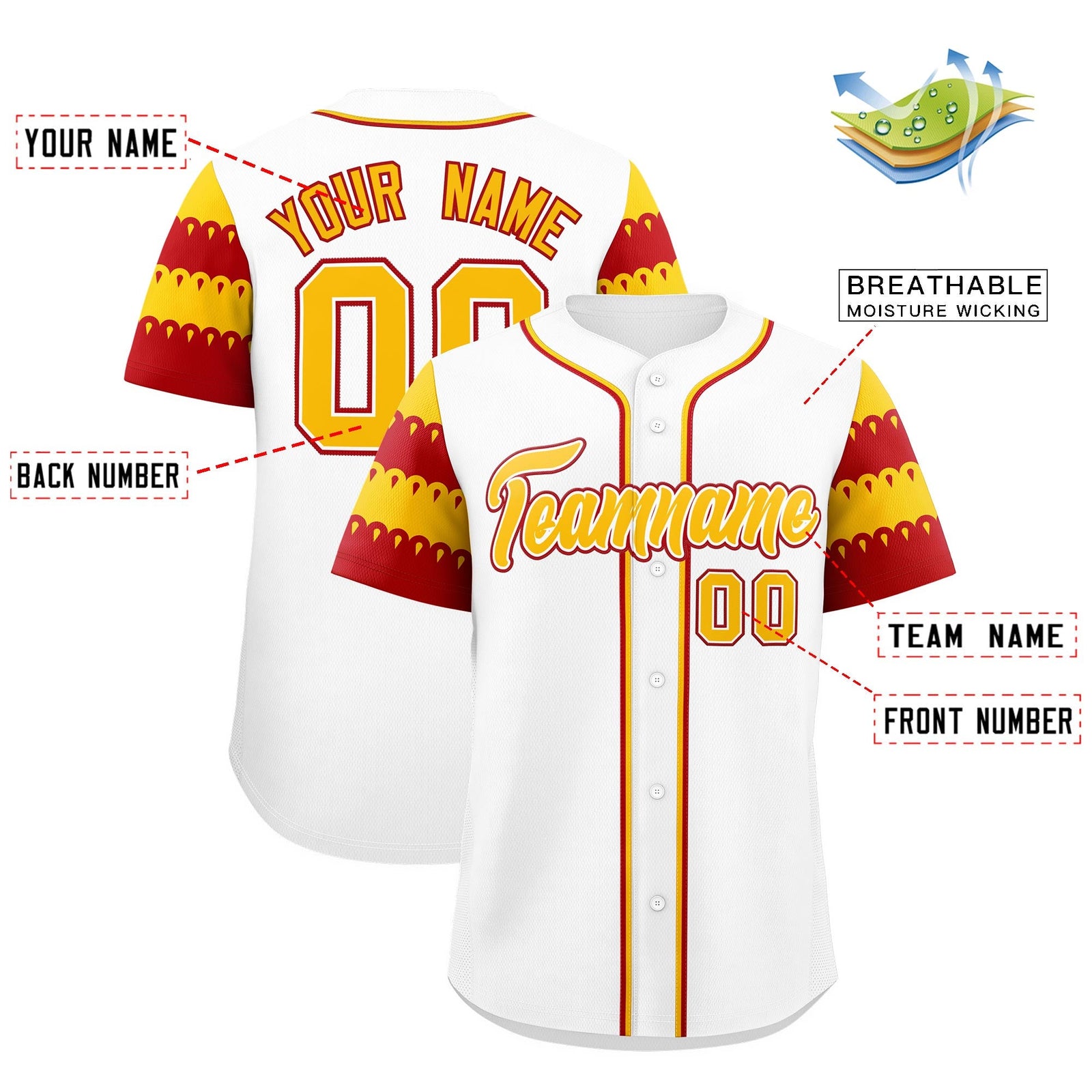 Custom White Red Gold Sleeve Flag Lace Baseball Jersey | Sublimation Printed & Embroidery,Add Name and Numbern,Perfect for Teams | KXKSHOP