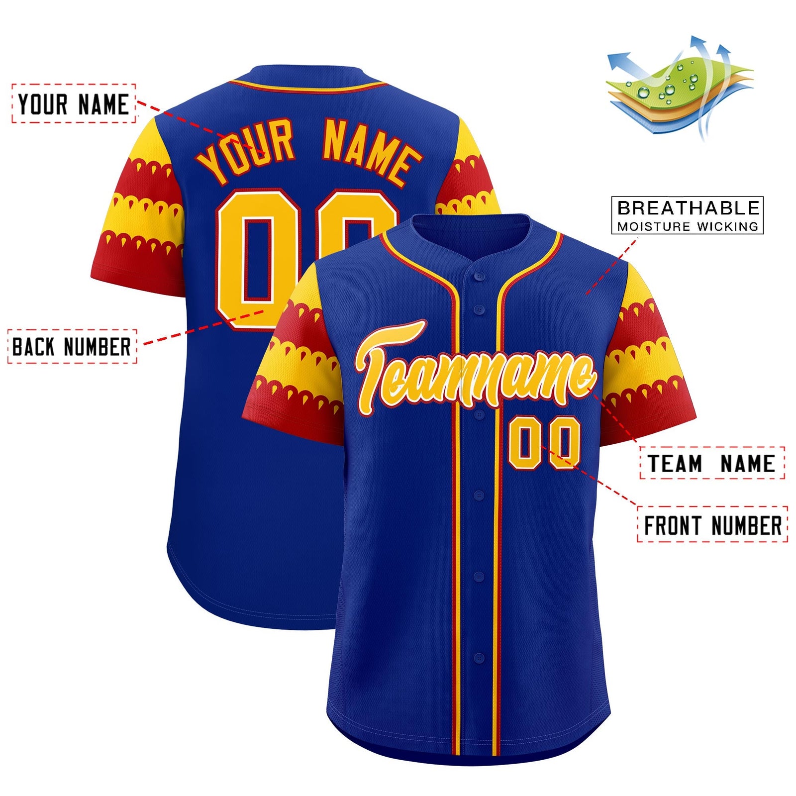 Custom Royal Gold Red Sleeve Flag Lace Baseball Jersey | Sublimation Printed & Embroidery,Add Name and Numbern,Perfect for Teams | KXKSHOP
