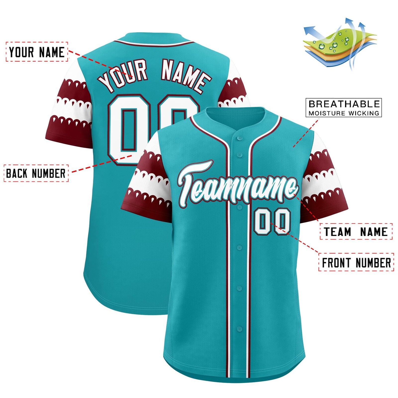 Custom Aqua Maroon White Sleeve Flag Lace Baseball Jersey | Sublimation Printed & Embroidery,Add Name and Numbern,Perfect for Teams | KXKSHOP