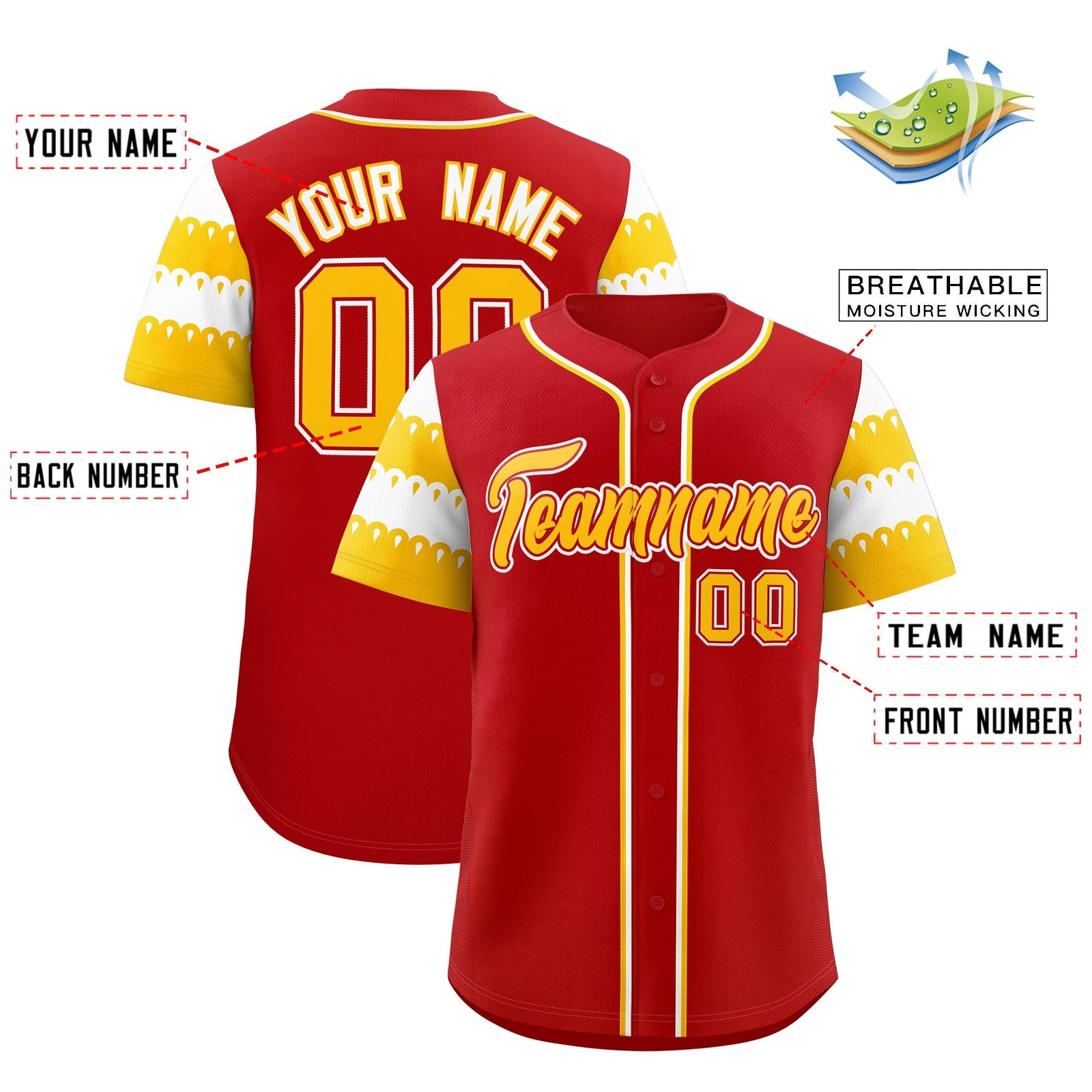 Custom Red Gold White Sleeve Flag Lace Baseball Jersey | Sublimation Printed & Embroidery,Add Name and Numbern,Perfect for Teams | KXKSHOP