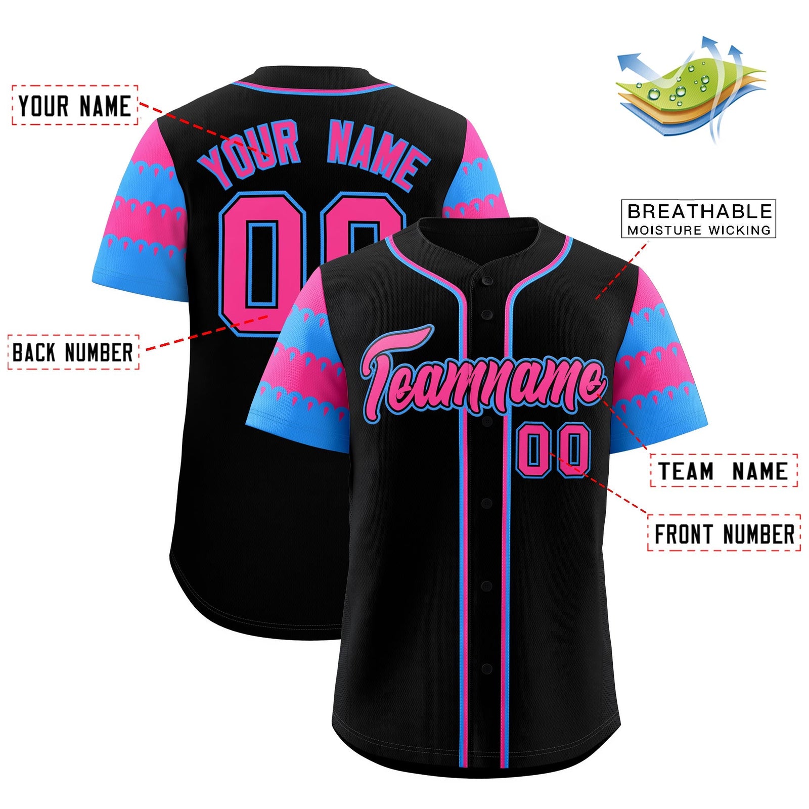 Custom Black Pink Powder Blue Sleeve Flag Lace Baseball Jersey | Sublimation Printed & Embroidery,Add Name and Numbern,Perfect for Teams | KXKSHOP