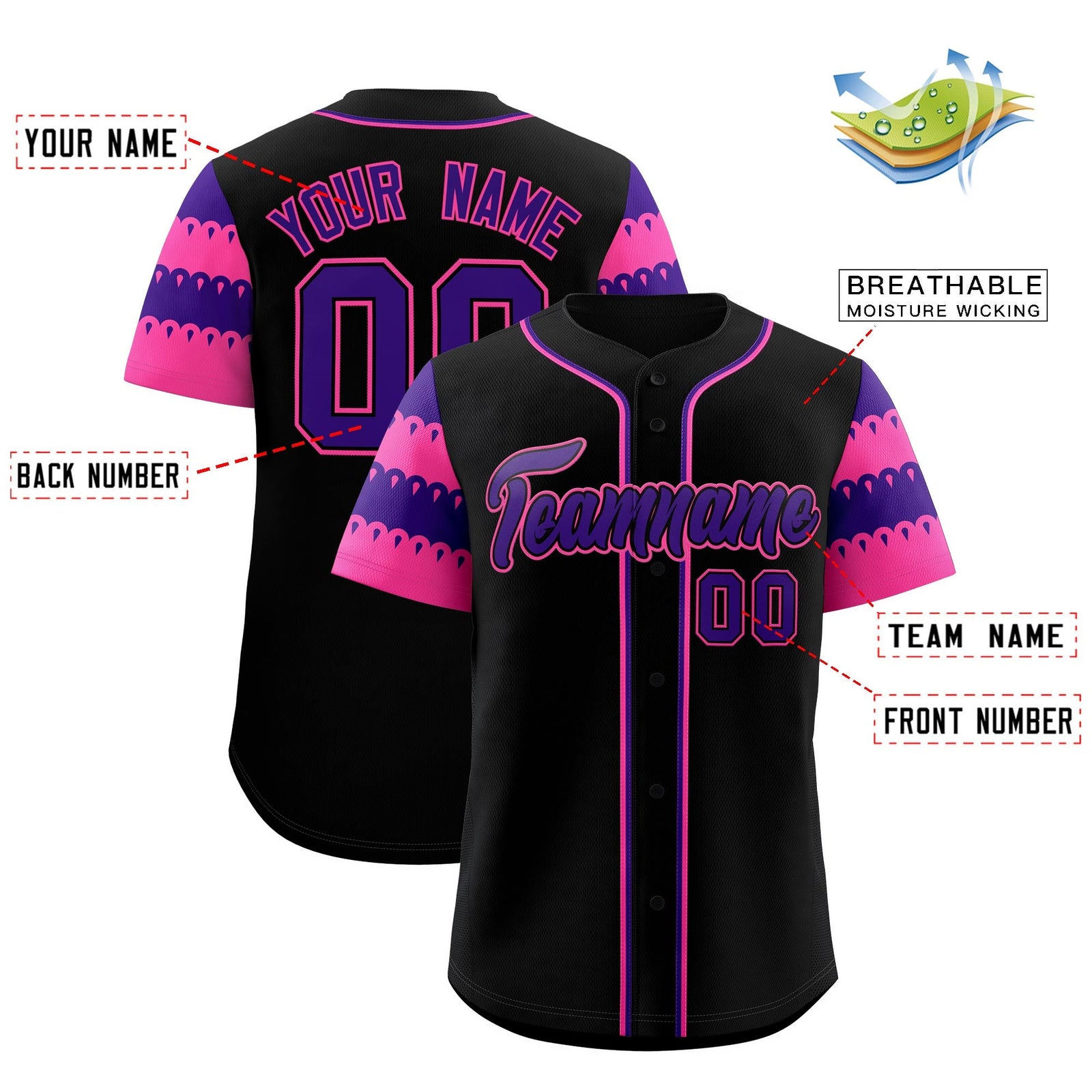Custom Black Pink Purple Sleeve Flag Lace Baseball Jersey | Sublimation Printed & Embroidery,Add Name and Numbern,Perfect for Teams | KXKSHOP