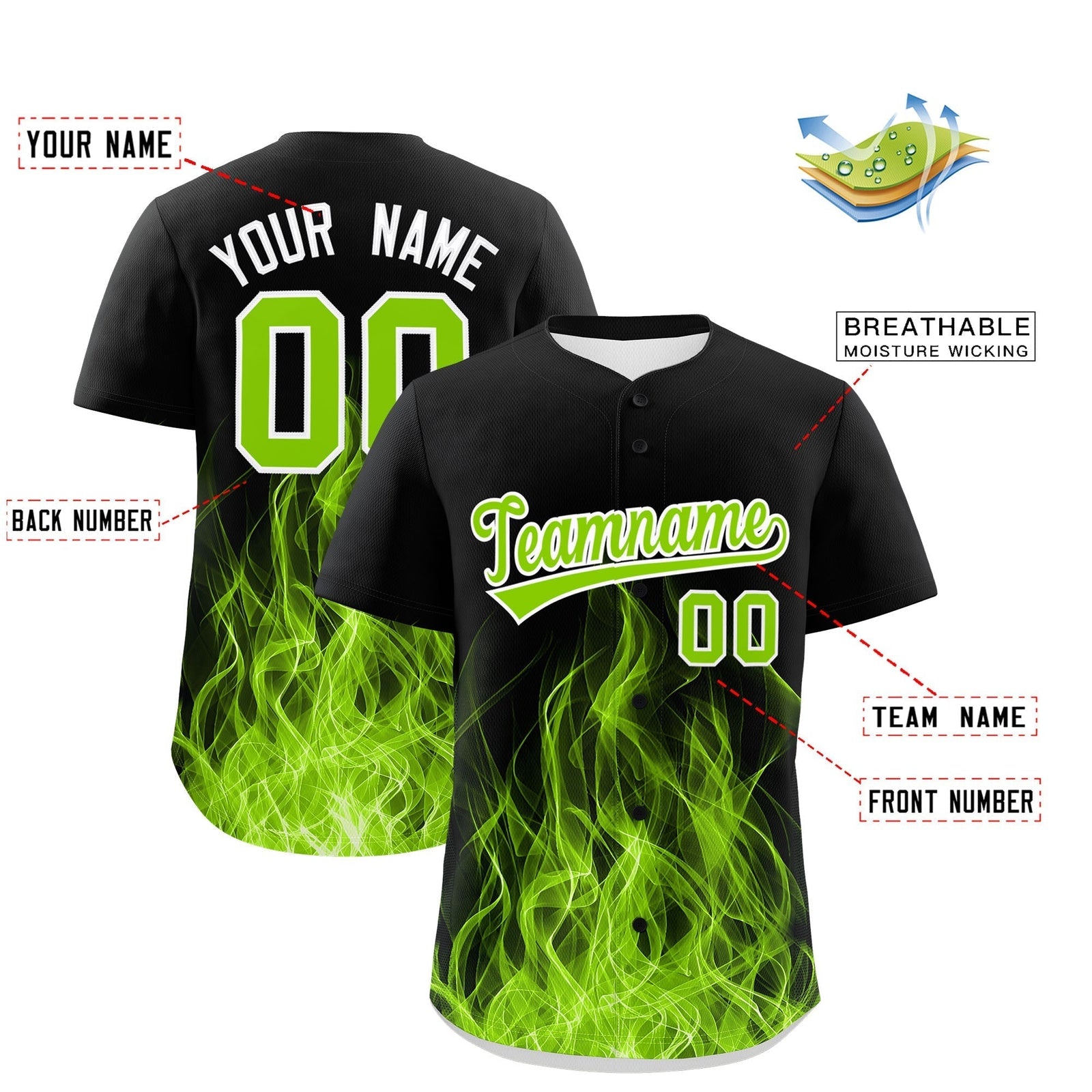 Custom Black Neon Green White Flame Graffiti Pattern Personalization Baseball Jersey| KXKSHOP