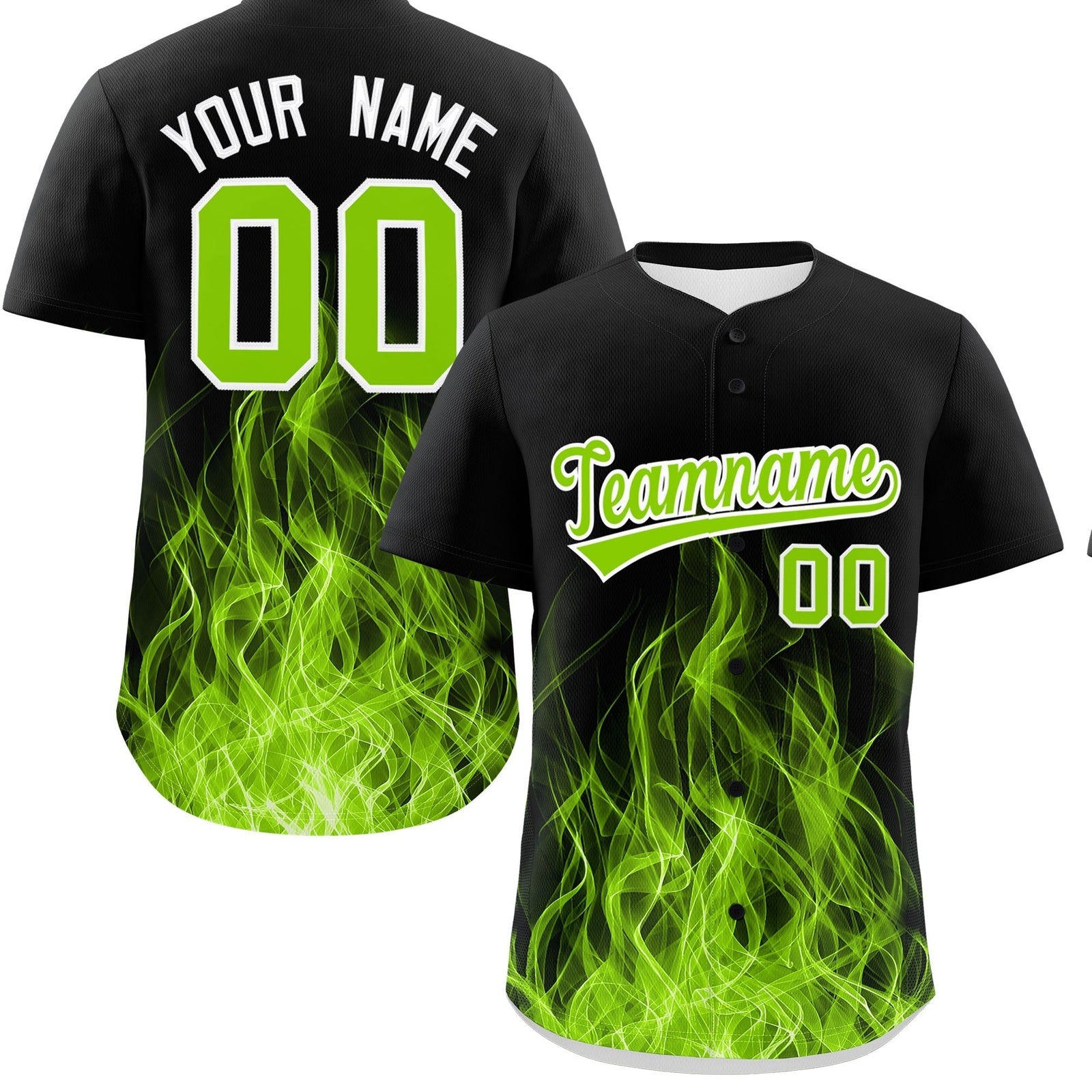 Custom Black Neon Green White Flame Graffiti Pattern Personalization Baseball Jersey| KXKSHOP
