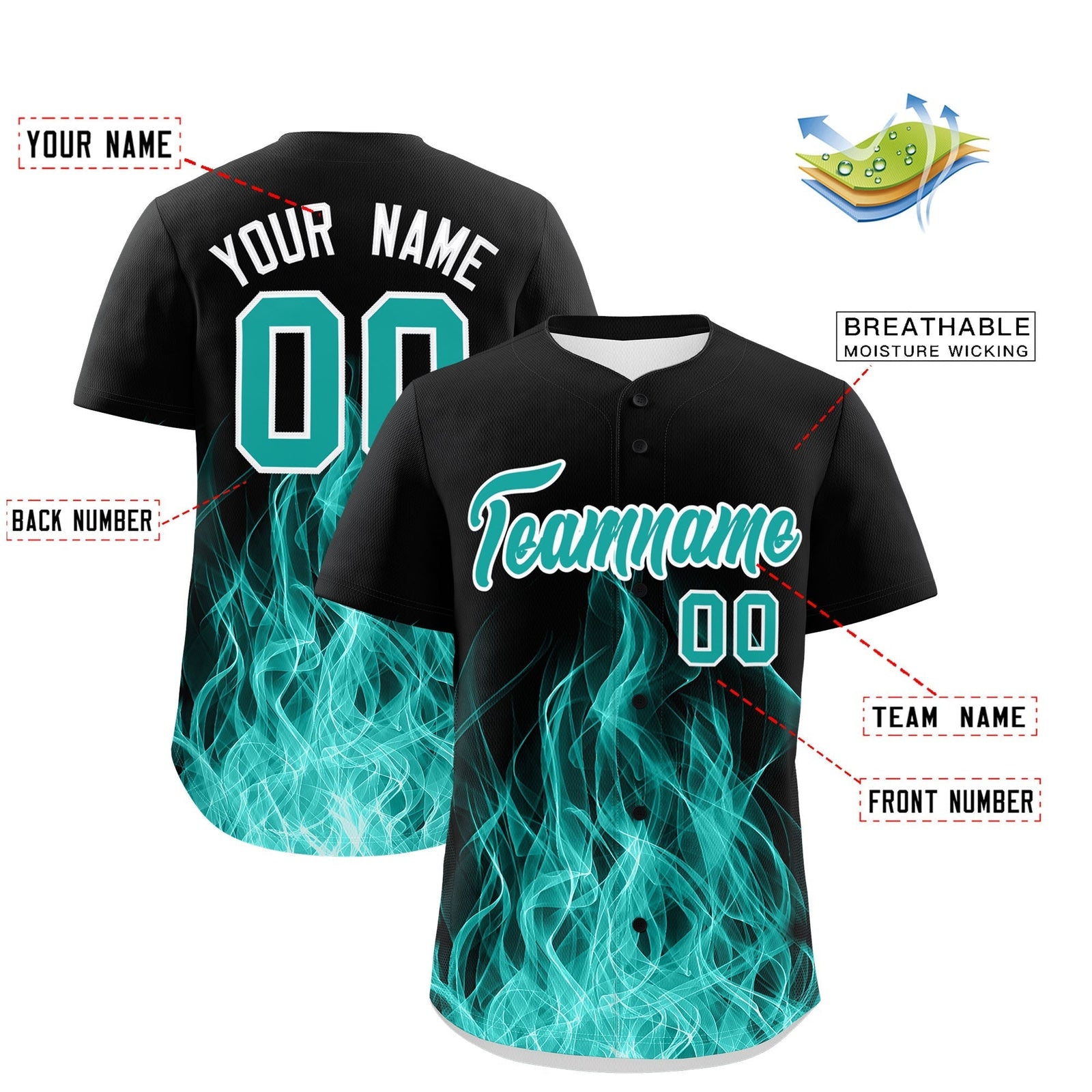Custom Black Aqua White Flame Graffiti Pattern Personalization Baseball Jersey| KXKSHOP
