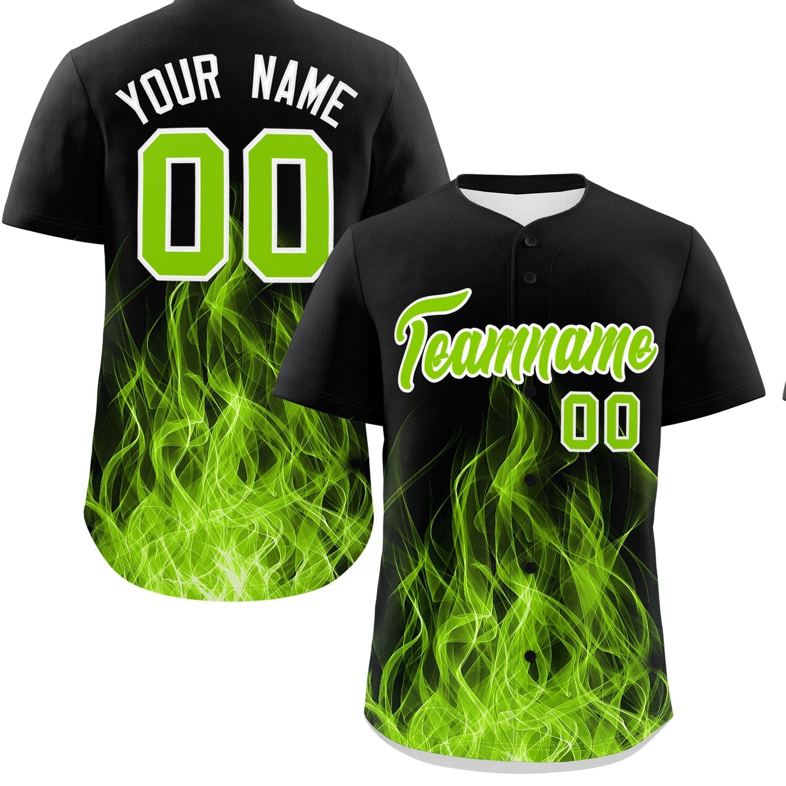 Custom Black Neon Green White Flame Graffiti Pattern Personalization Baseball Jersey| KXKSHOP