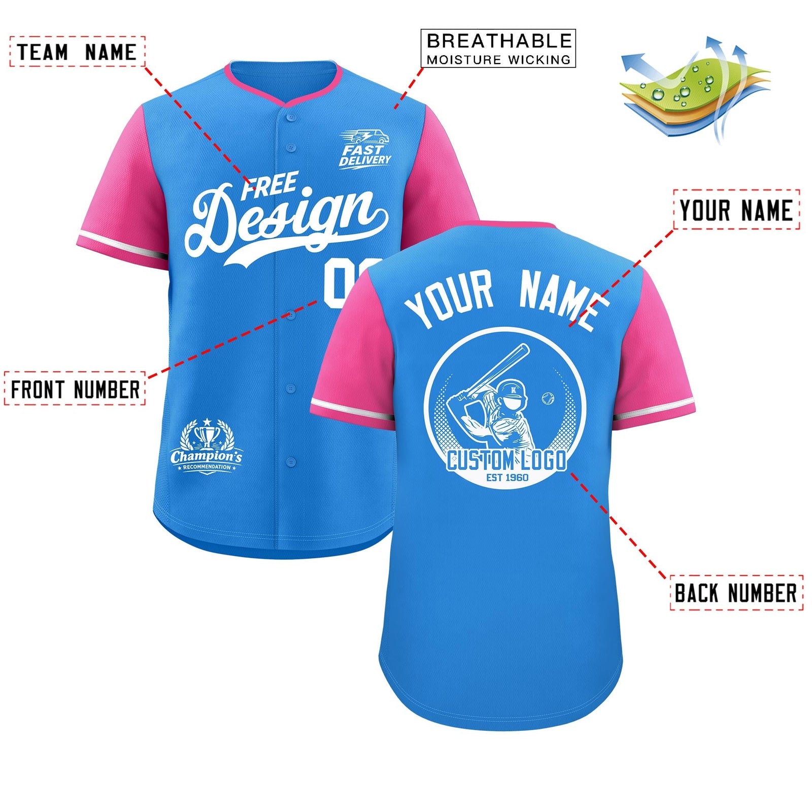 Custom Light Blue White Pink Classic Style Stitched Sports Uniform Personalized For Teams Baseball Jersey| KXKSHOP