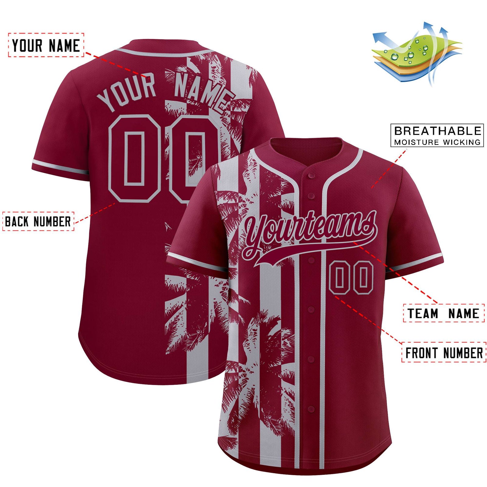 Custom Crimson Gray Split Fashion Coconut Tree Design Authentic Baseball Jersey