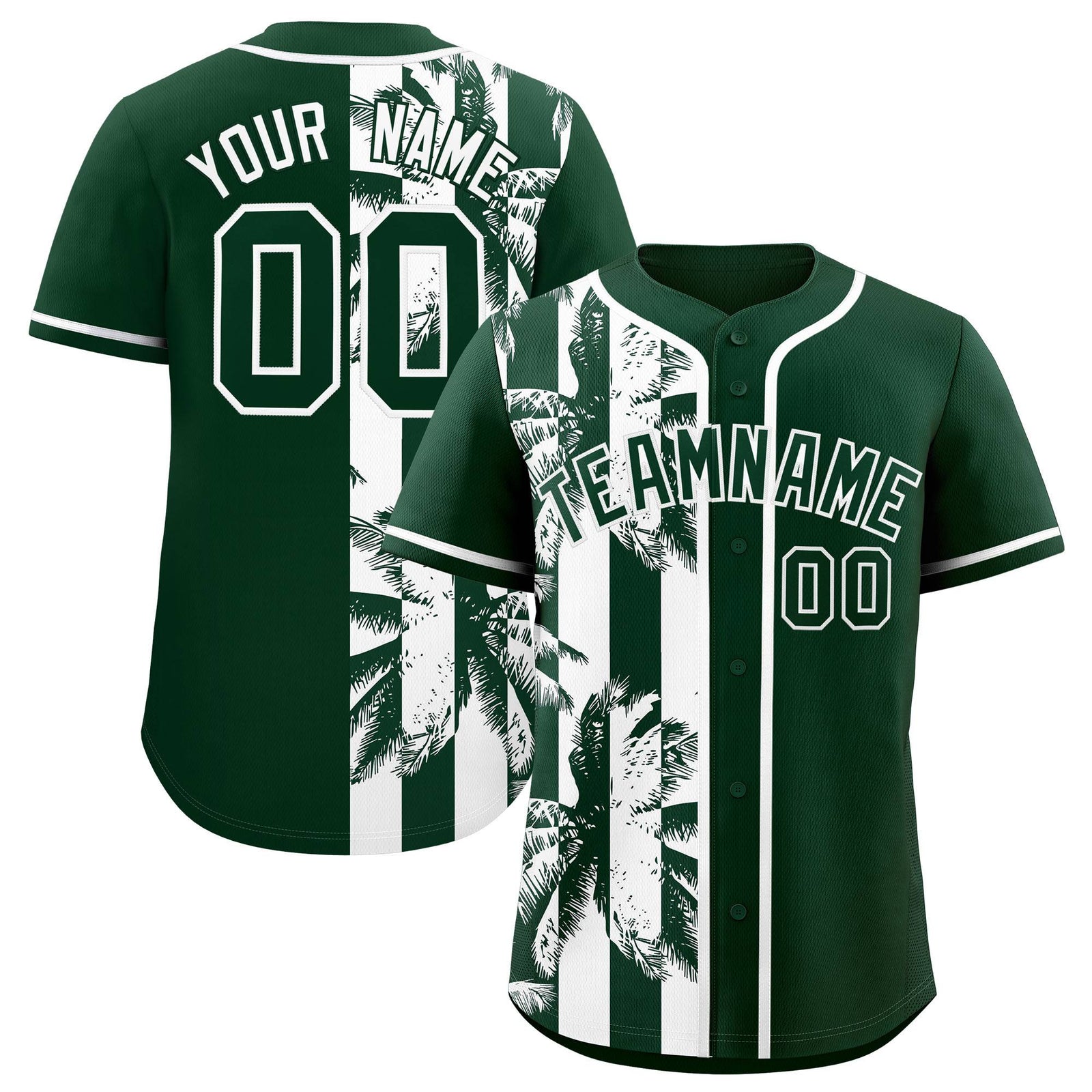 Custom Green White Split Fashion Coconut Tree Design Authentic Baseball Jersey