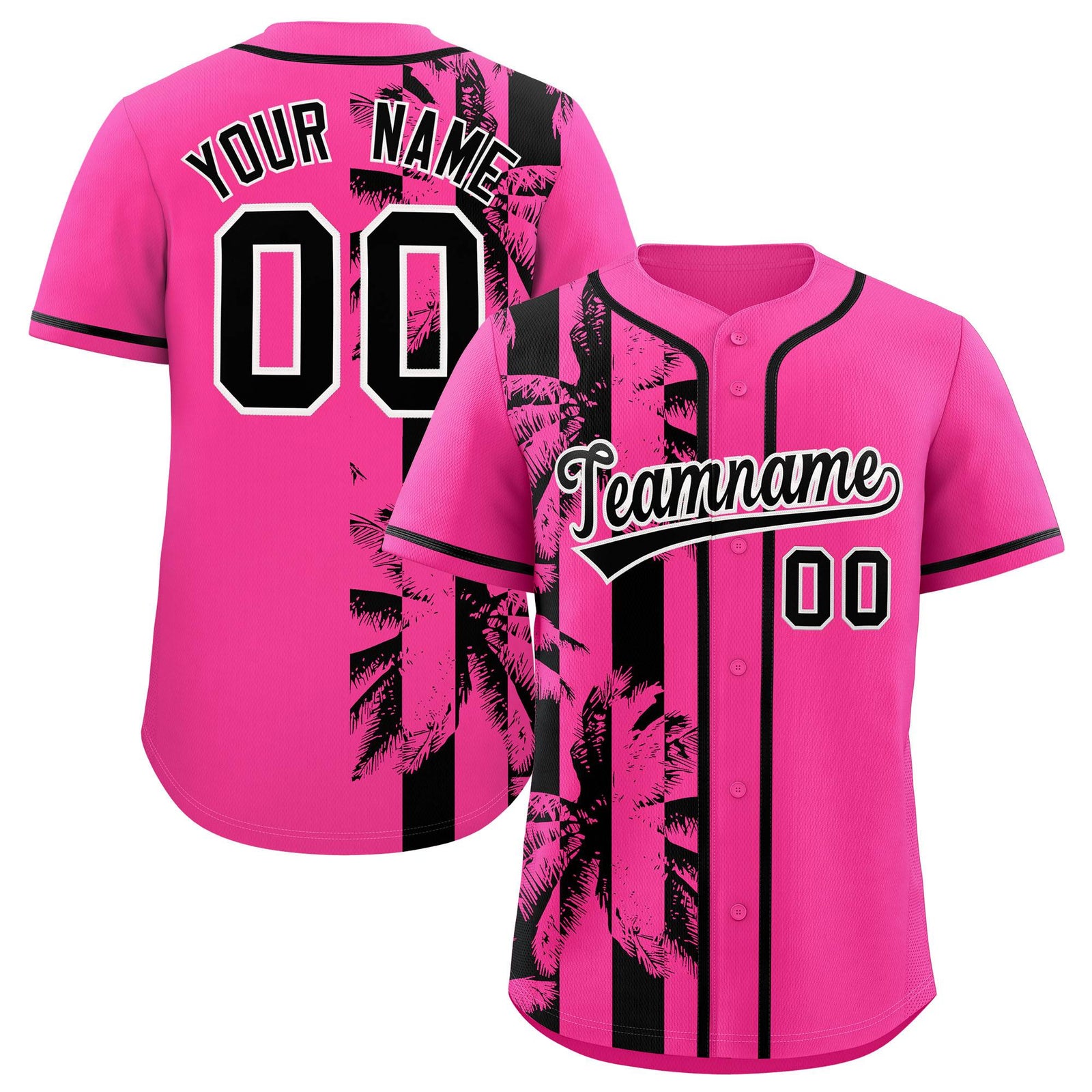 Custom Pink Black Split Fashion Coconut Tree Design Authentic Baseball Jersey