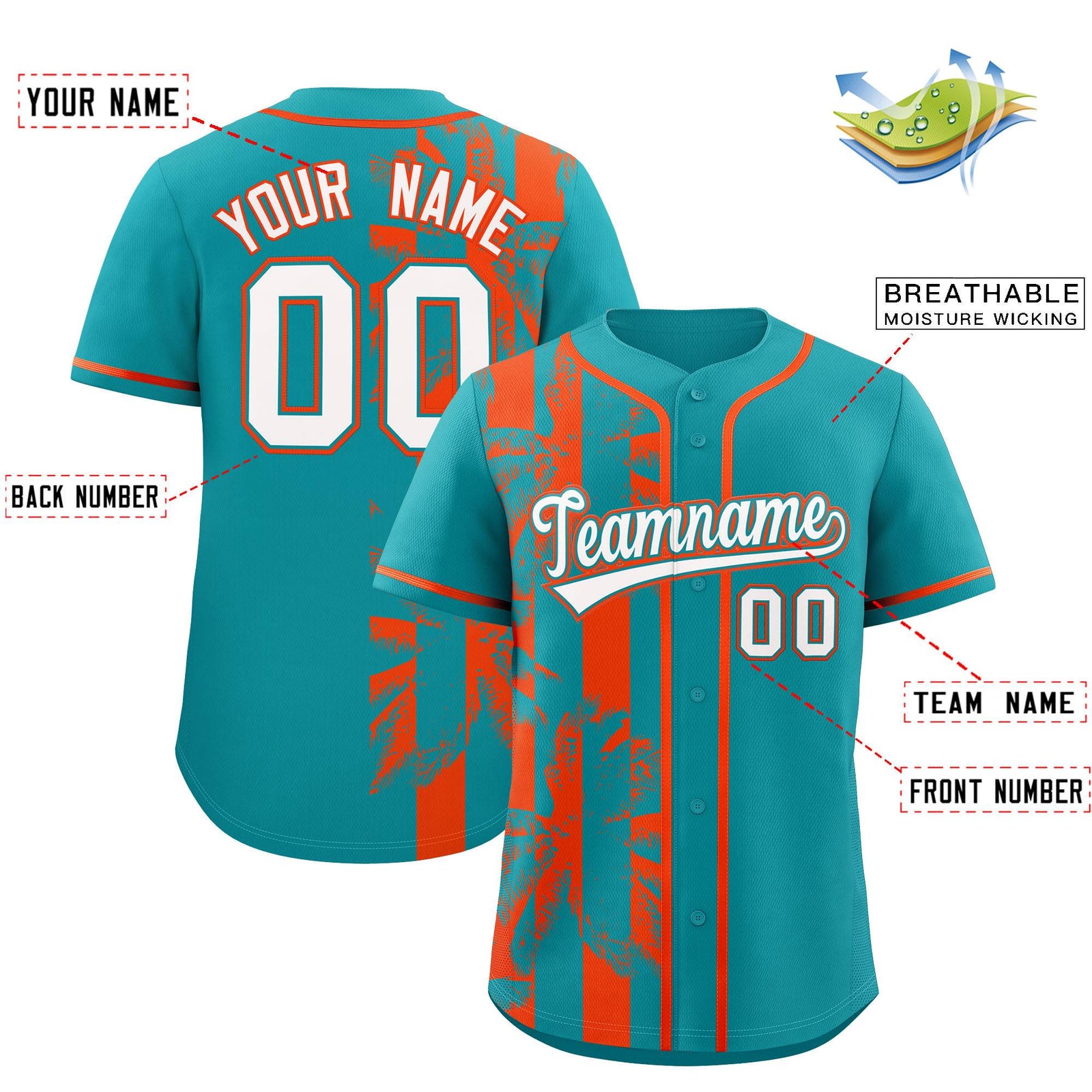 Custom Aqua Orange Split Fashion Coconut Tree Design Authentic Baseball Jersey