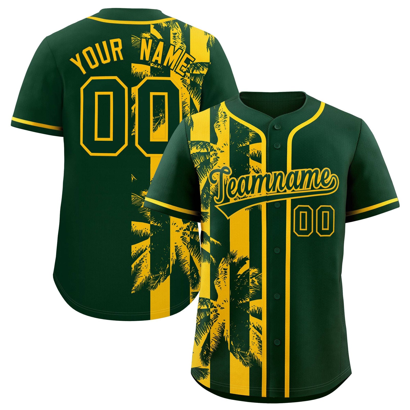 Custom Green Yellow Split Fashion Coconut Tree Design Authentic Baseball Jersey