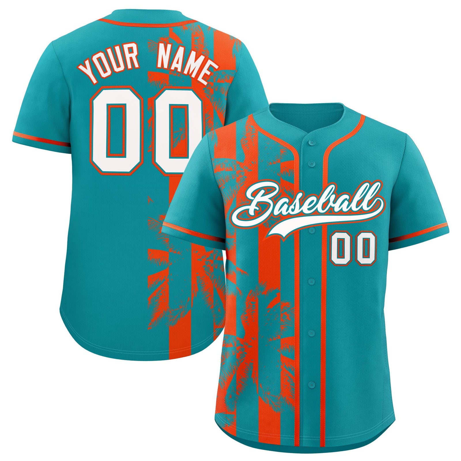 Custom Aqua Orange Split Fashion Coconut Tree Design Authentic Baseball Jersey