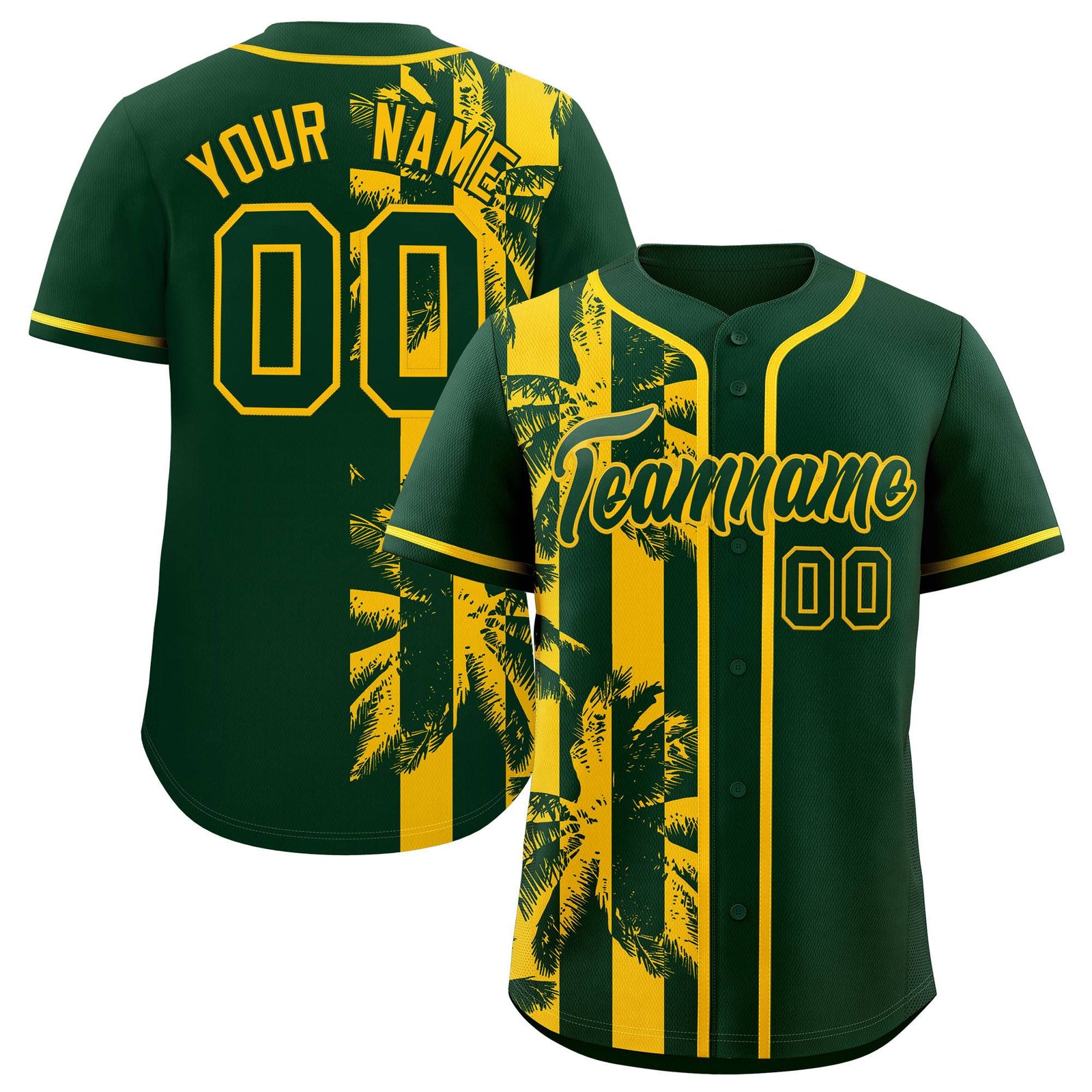 Custom Green Yellow Split Fashion Coconut Tree Design Authentic Baseball Jersey