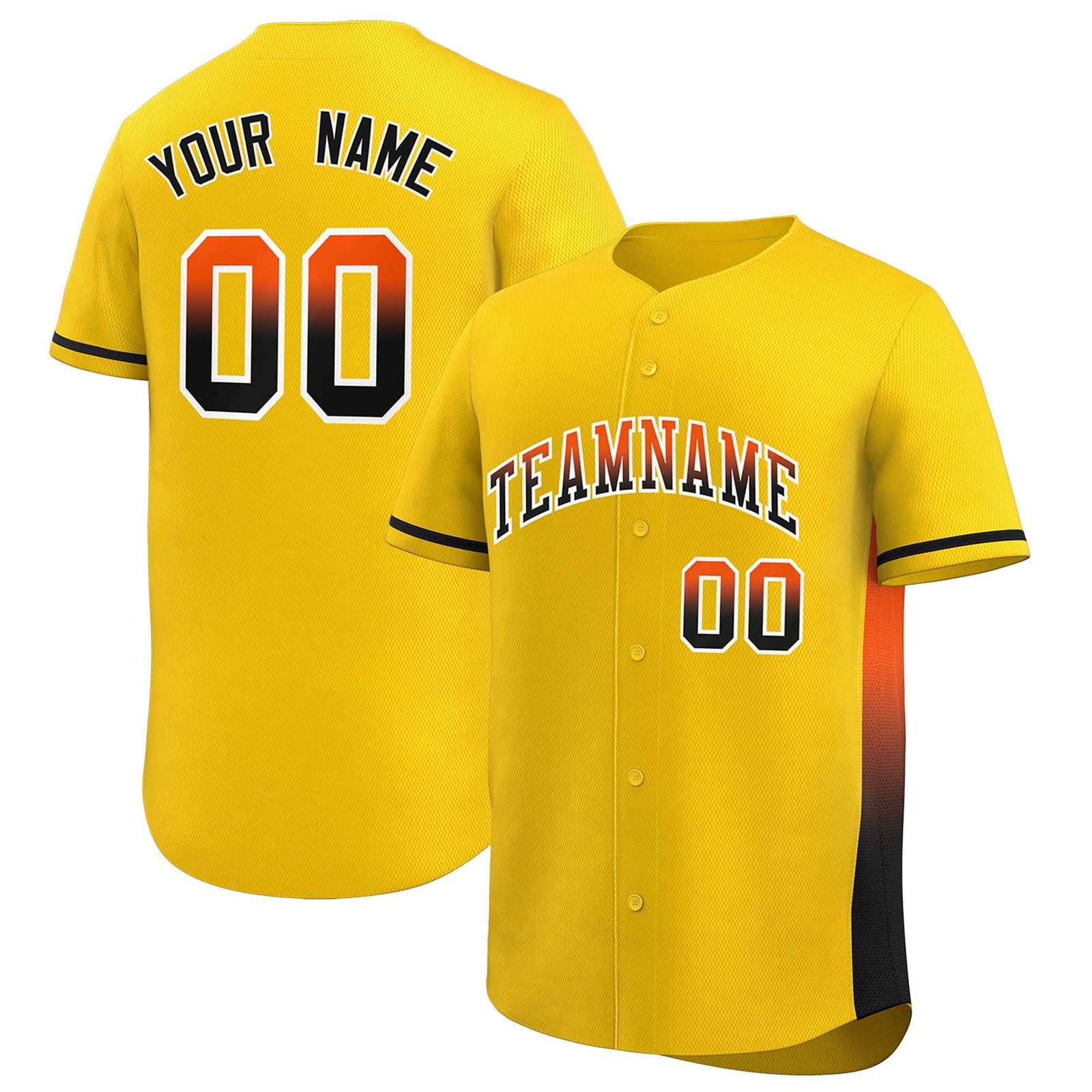 Custom Gold Orange-Black Personalized Gradient Font And Side Design Authentic Baseball Jersey