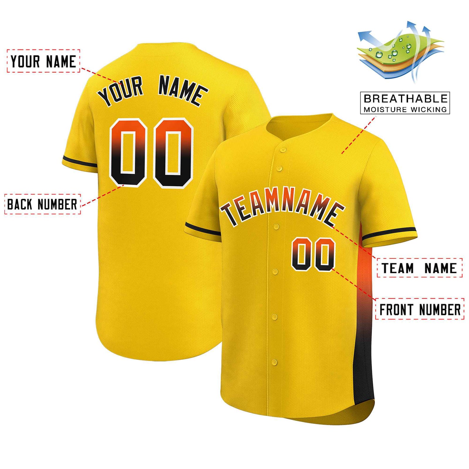 Custom Gold Orange-Black Personalized Gradient Font And Side Design Authentic Baseball Jersey