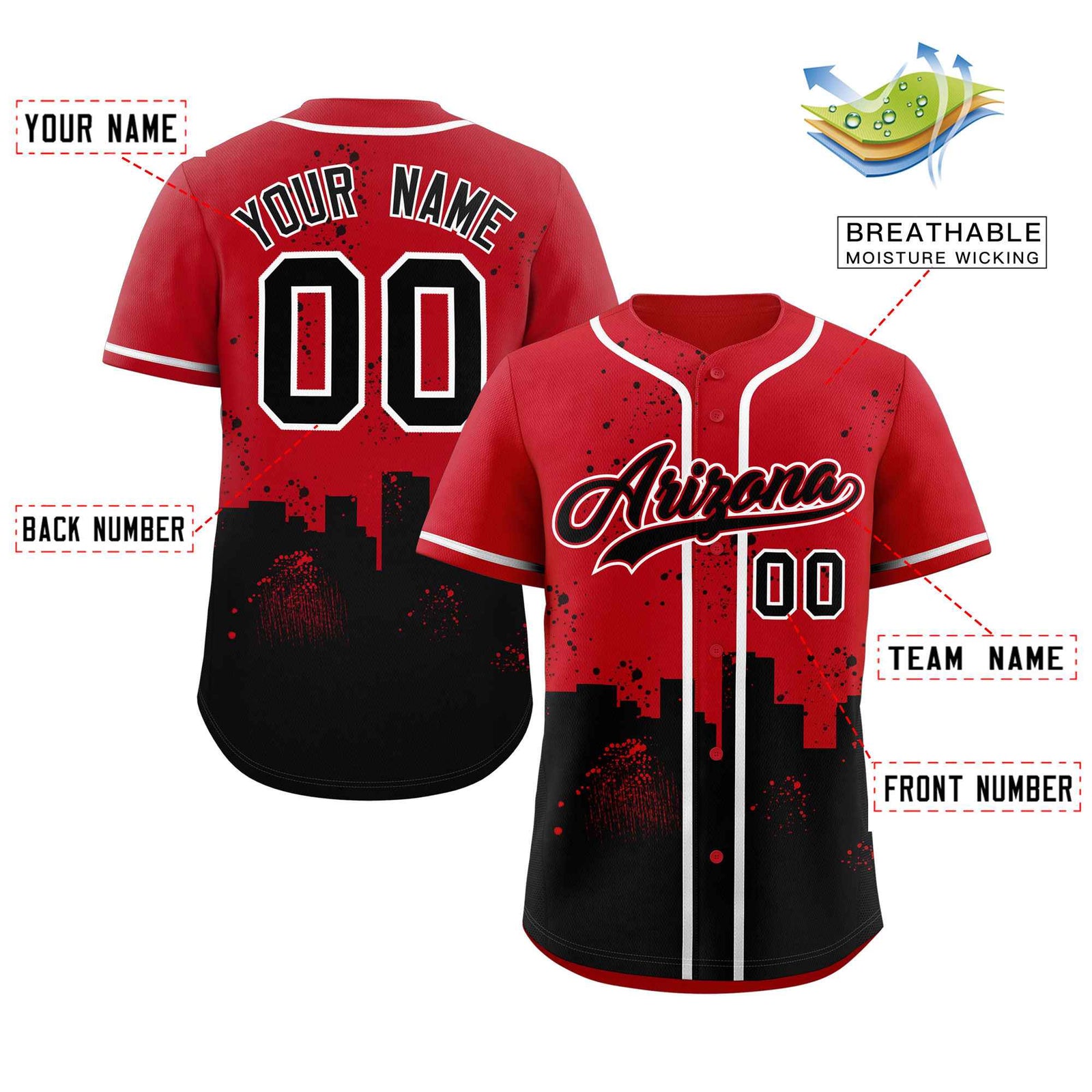 Custom Red Black Personalized Arizona City Nightscape Authentic Baseball Jersey