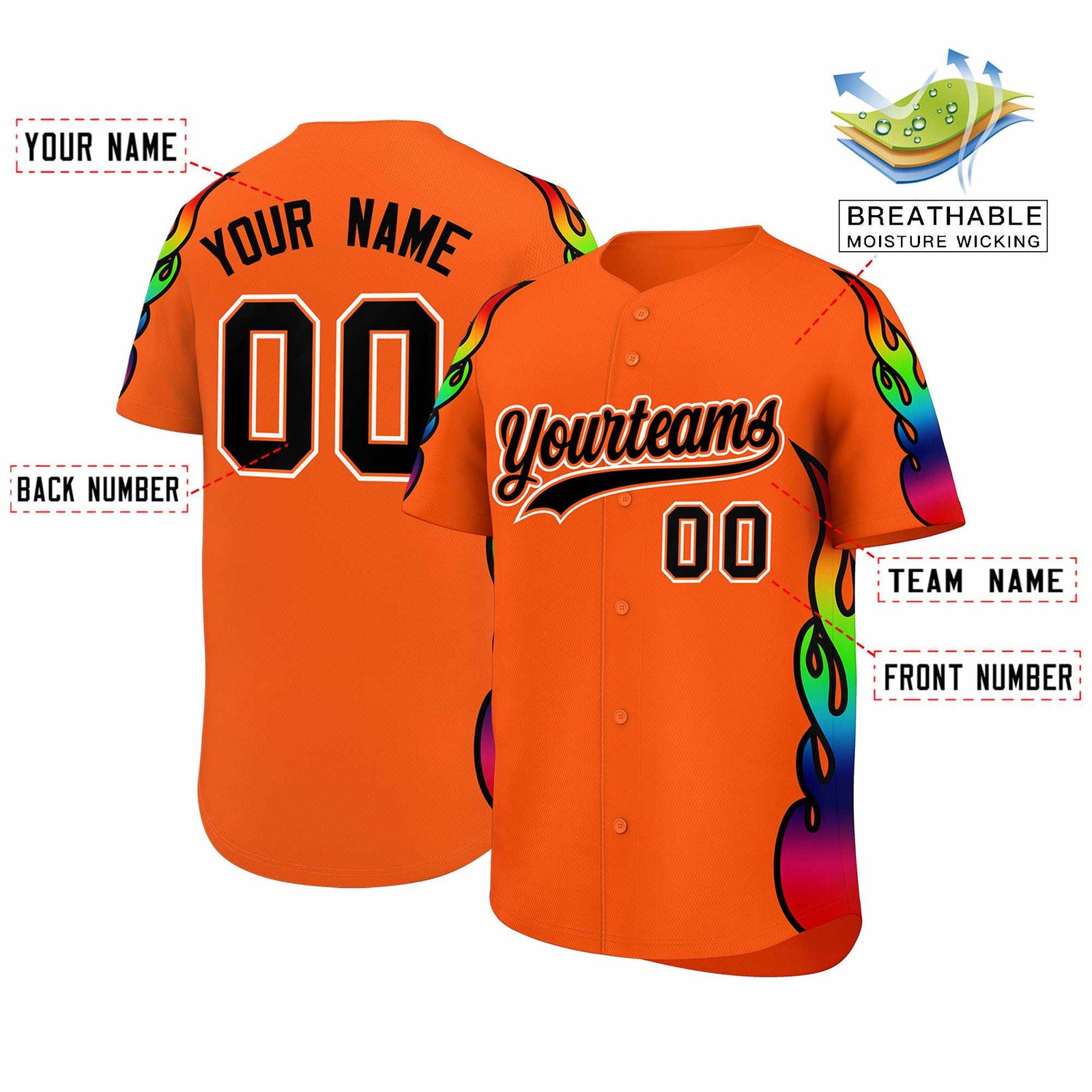 Custom Orange Graffiti Pattern Personalized Multicolored Flames Print Authentic Baseball Jersey