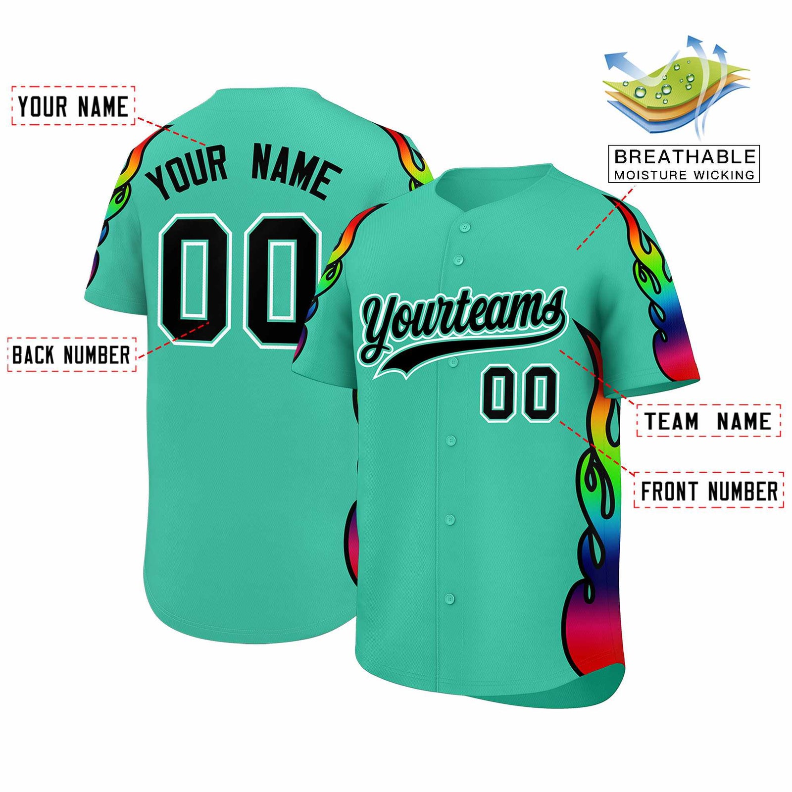 Custom Bright Green Graffiti Pattern Personalized Multicolored Flames Print Authentic Baseball Jersey