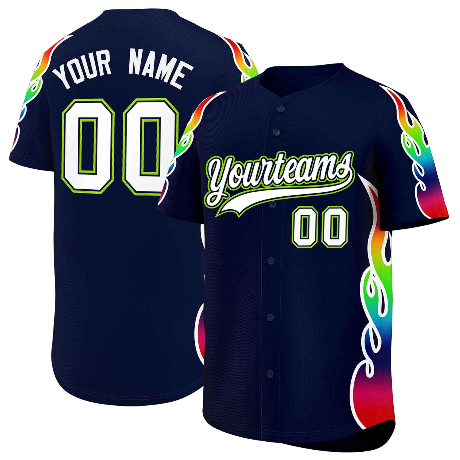 Custom Navy Graffiti Pattern Personalized Multicolored Flames Print Authentic Baseball Jersey