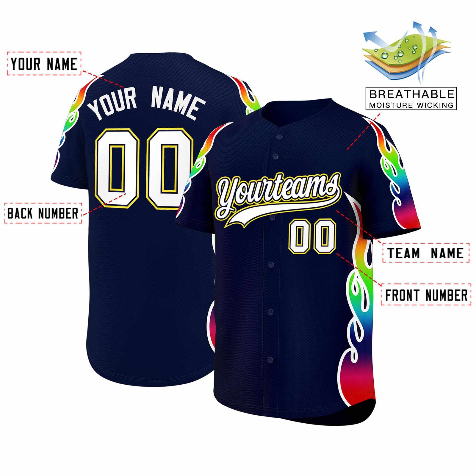 Custom Navy Graffiti Pattern Personalized Multicolored Flames Print Authentic Baseball Jersey
