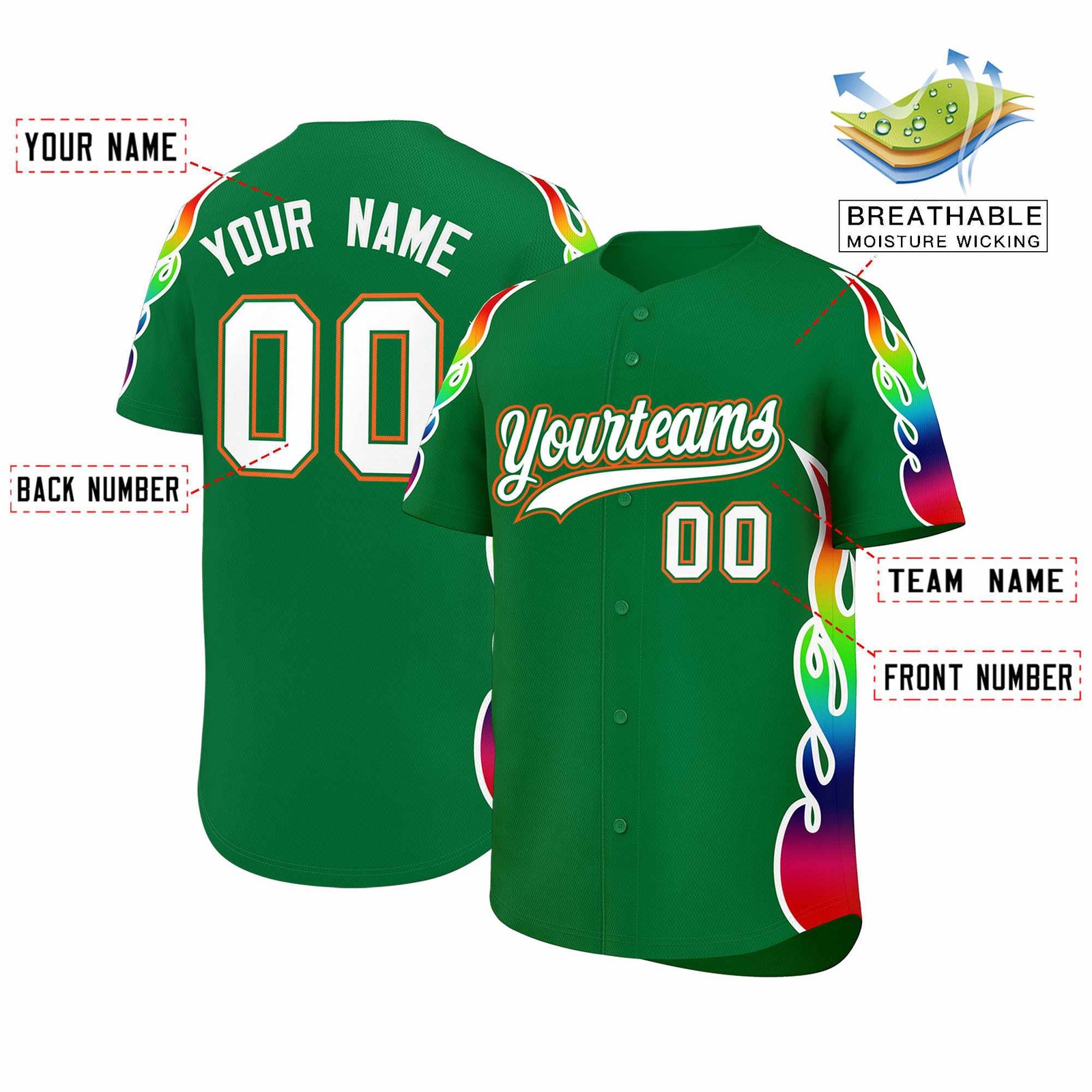 Custom Kelly Green Graffiti Pattern Personalized Multicolored Flames Print Authentic Baseball Jersey
