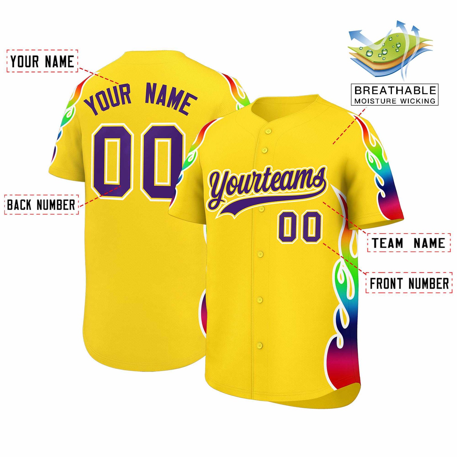 Custom Gold Graffiti Pattern Personalized Multicolored Flames Print Authentic Baseball Jersey