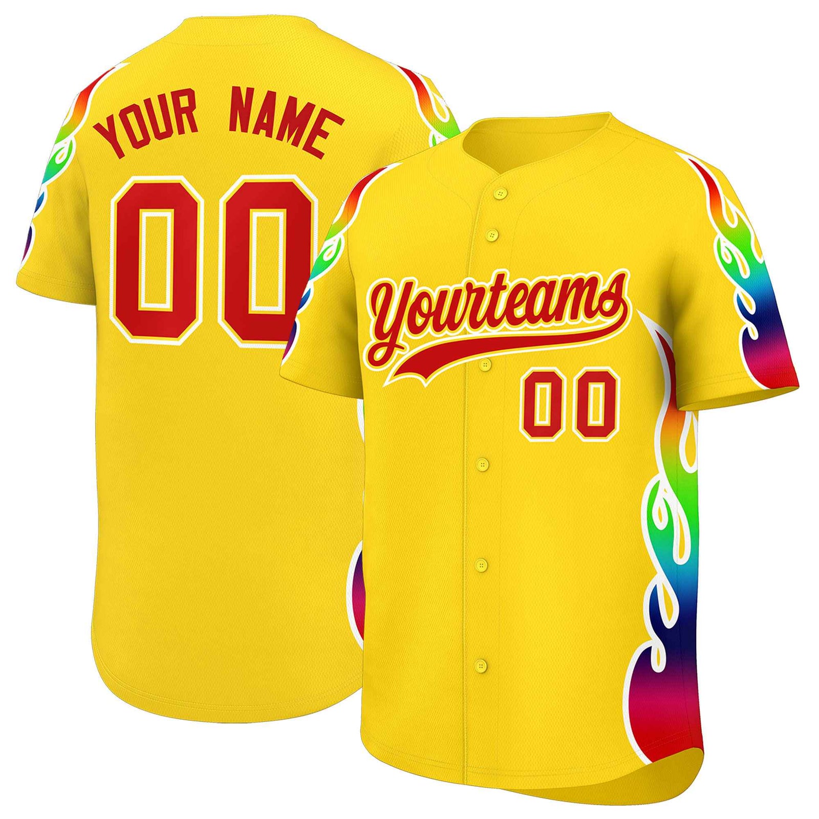 Custom Gold Graffiti Pattern Personalized Multicolored Flames Print Authentic Baseball Jersey