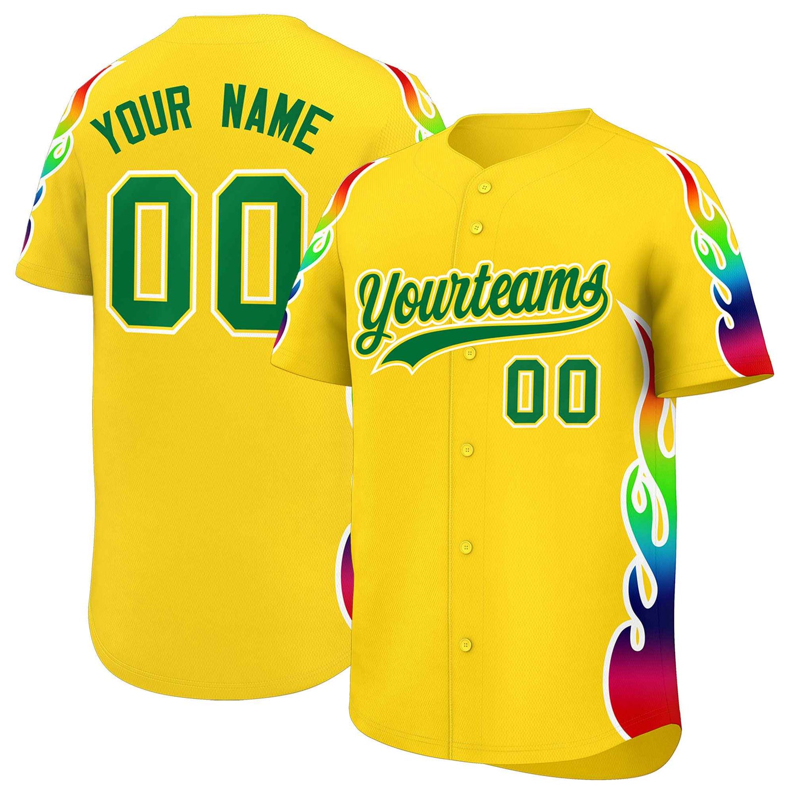 Custom Gold Graffiti Pattern Personalized Multicolored Flames Print Authentic Baseball Jersey