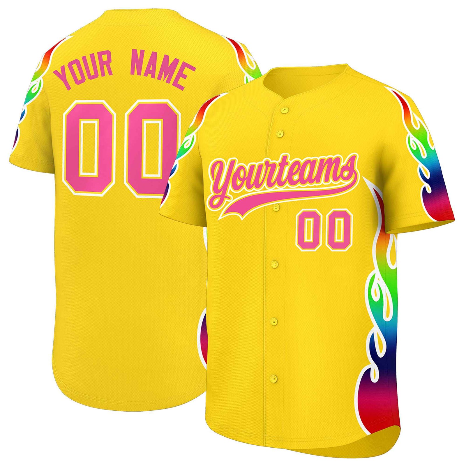 Custom Gold Graffiti Pattern Personalized Multicolored Flames Print Authentic Baseball Jersey