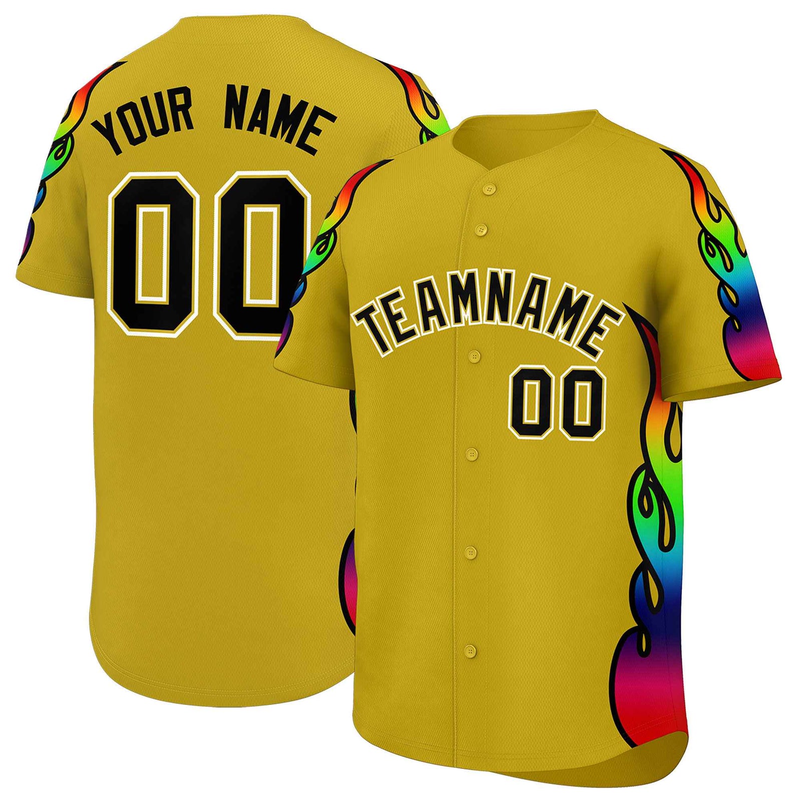 Custom Old Gold Graffiti Pattern Personalized Multicolored Flames Print Authentic Baseball Jersey