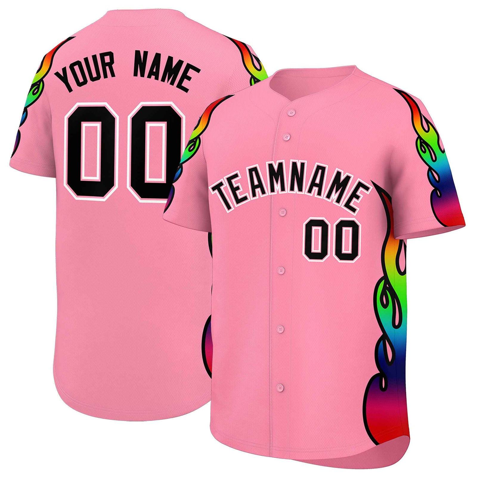 Custom Light Pink Graffiti Pattern Personalized Multicolored Flames Print Authentic Baseball Jersey
