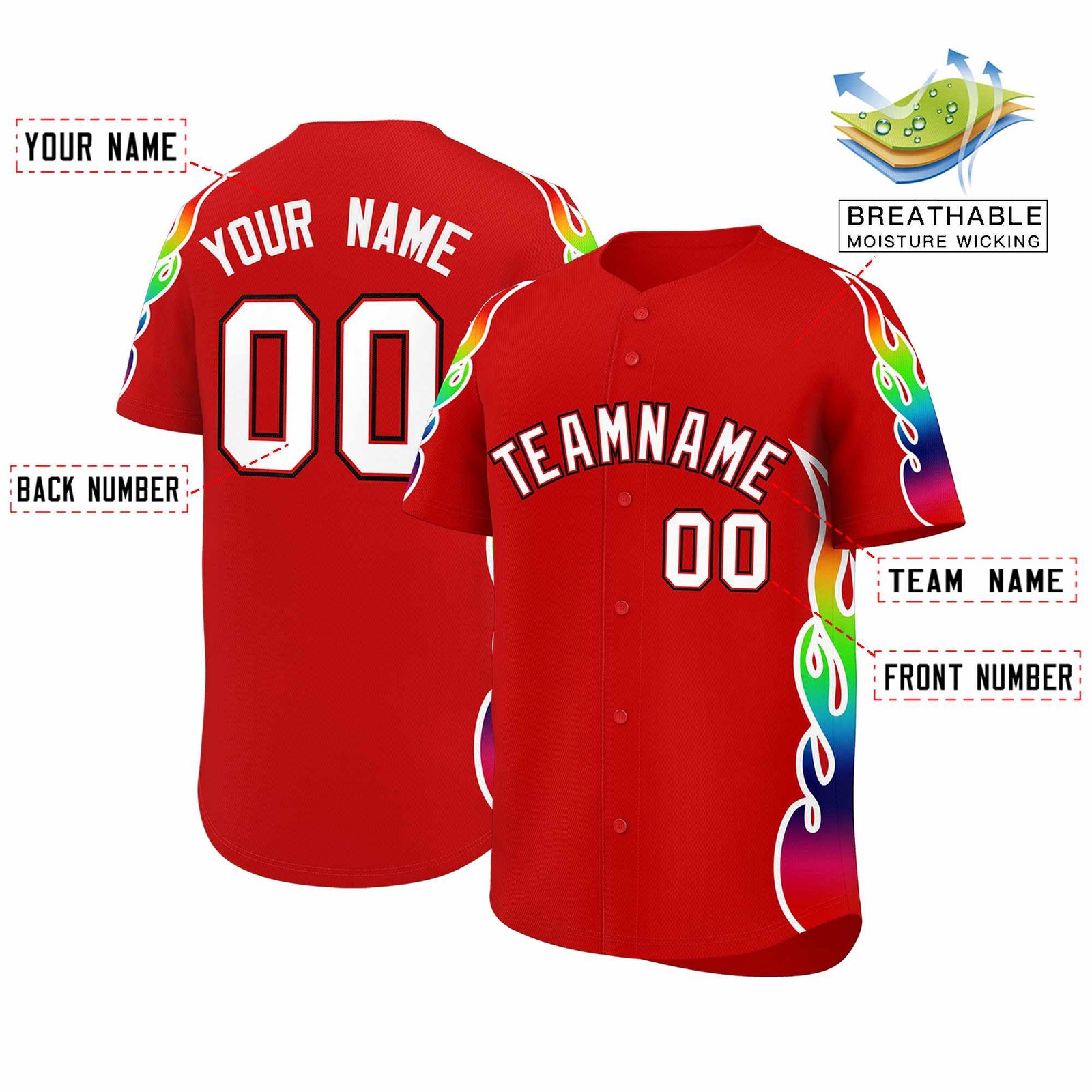 Custom Red Graffiti Pattern Personalized Multicolored Flames Print Authentic Baseball Jersey