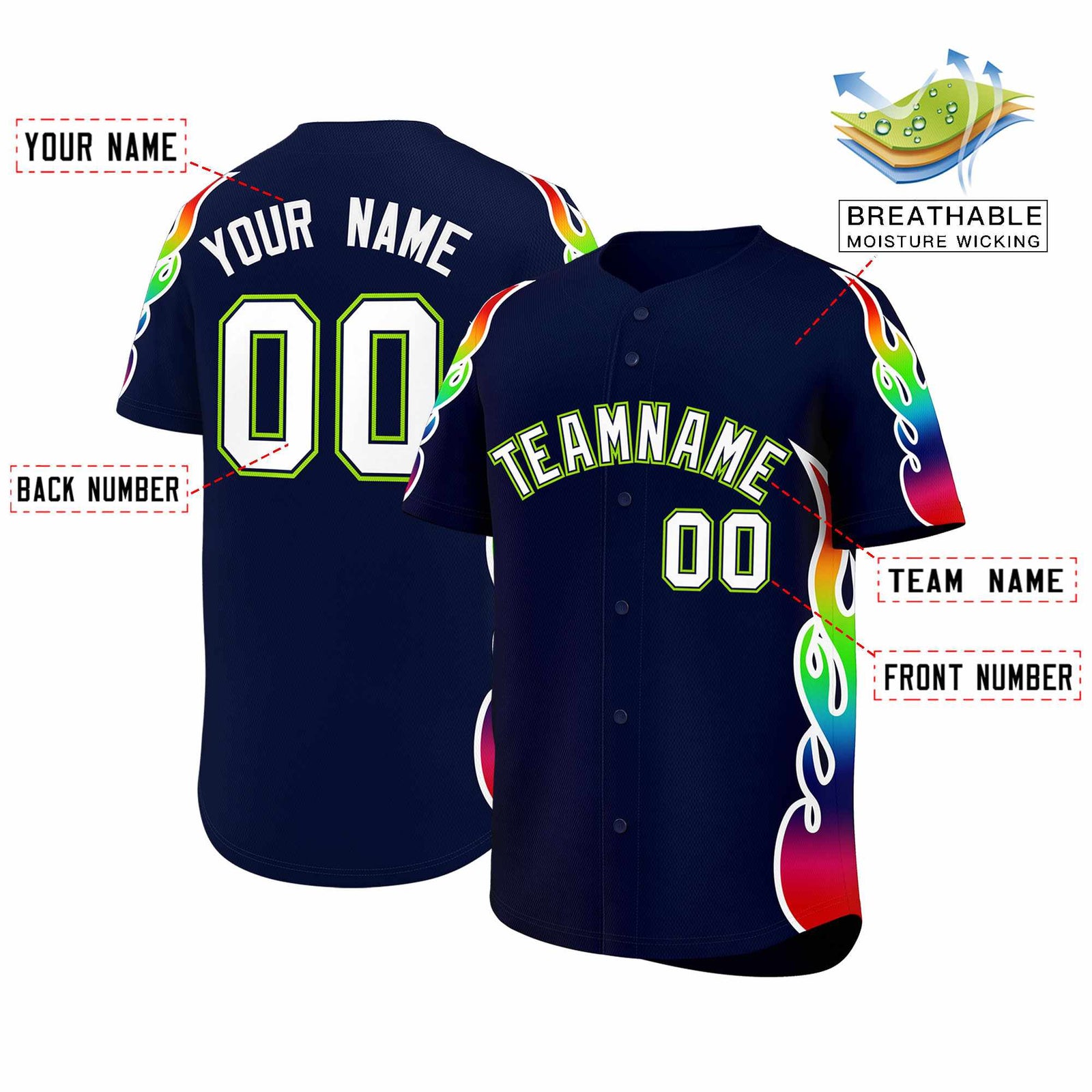 Custom Navy Graffiti Pattern Personalized Multicolored Flames Print Authentic Baseball Jersey