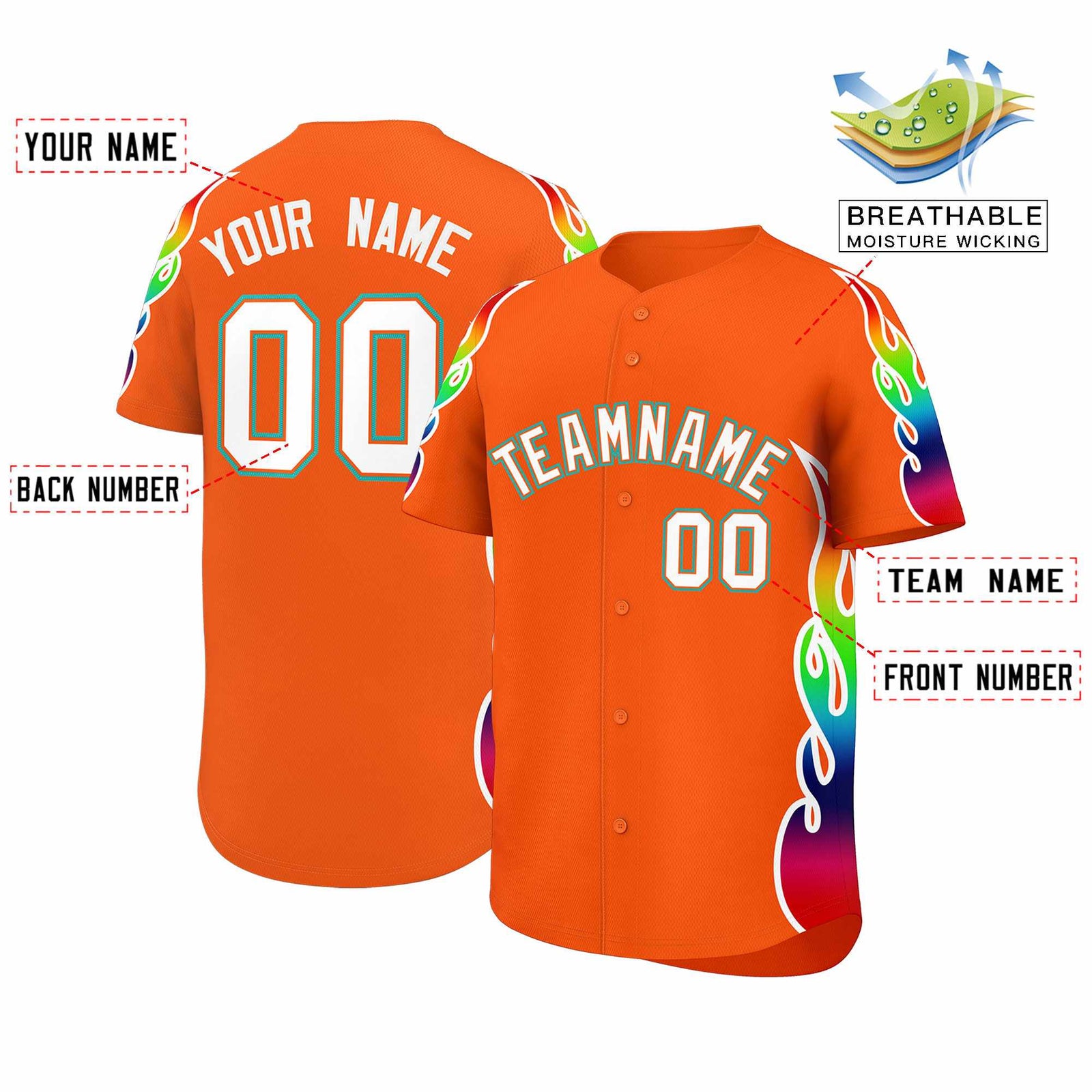 Custom Orange Graffiti Pattern Personalized Multicolored Flames Print Authentic Baseball Jersey