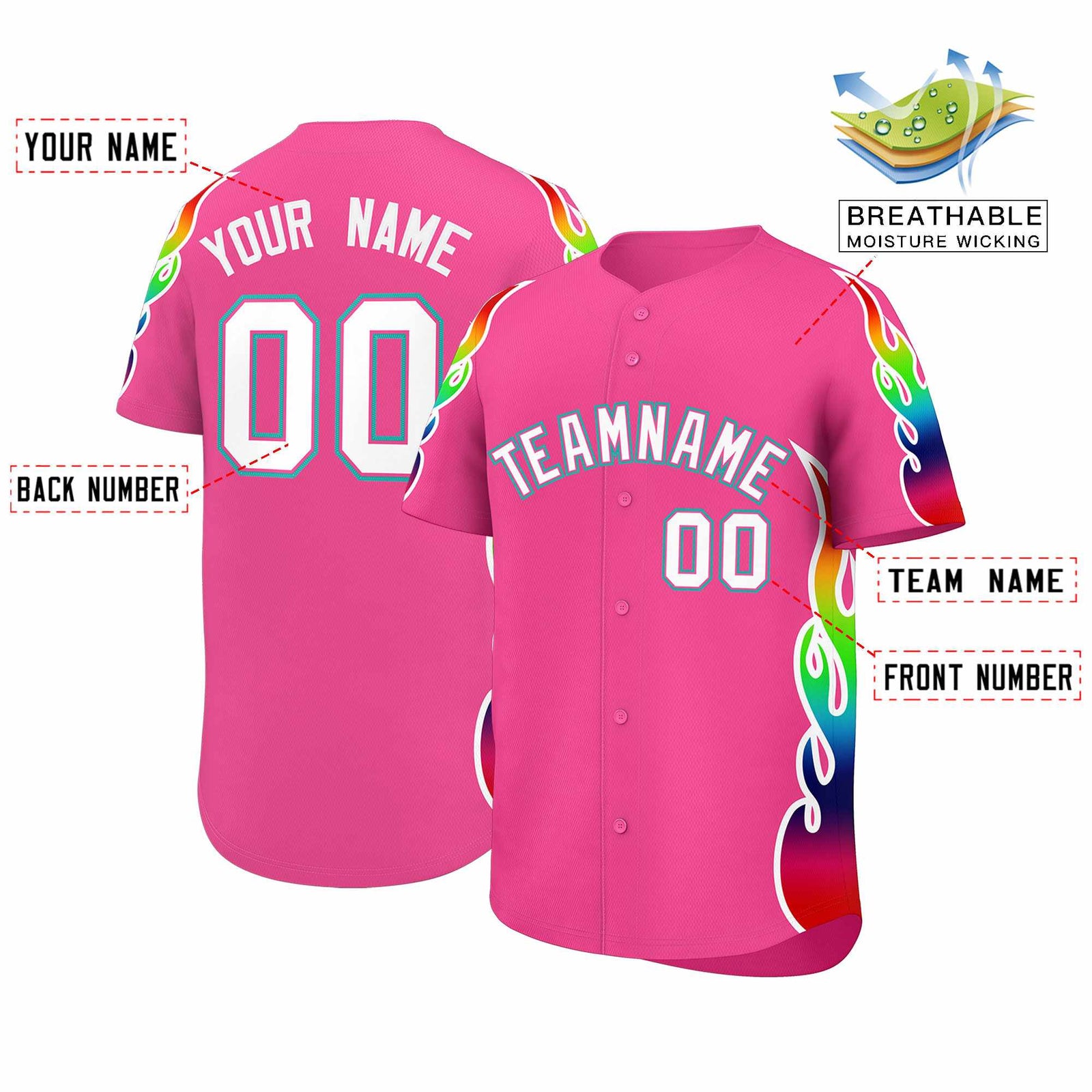 Custom Pink Graffiti Pattern Personalized Multicolored Flames Print Authentic Baseball Jersey