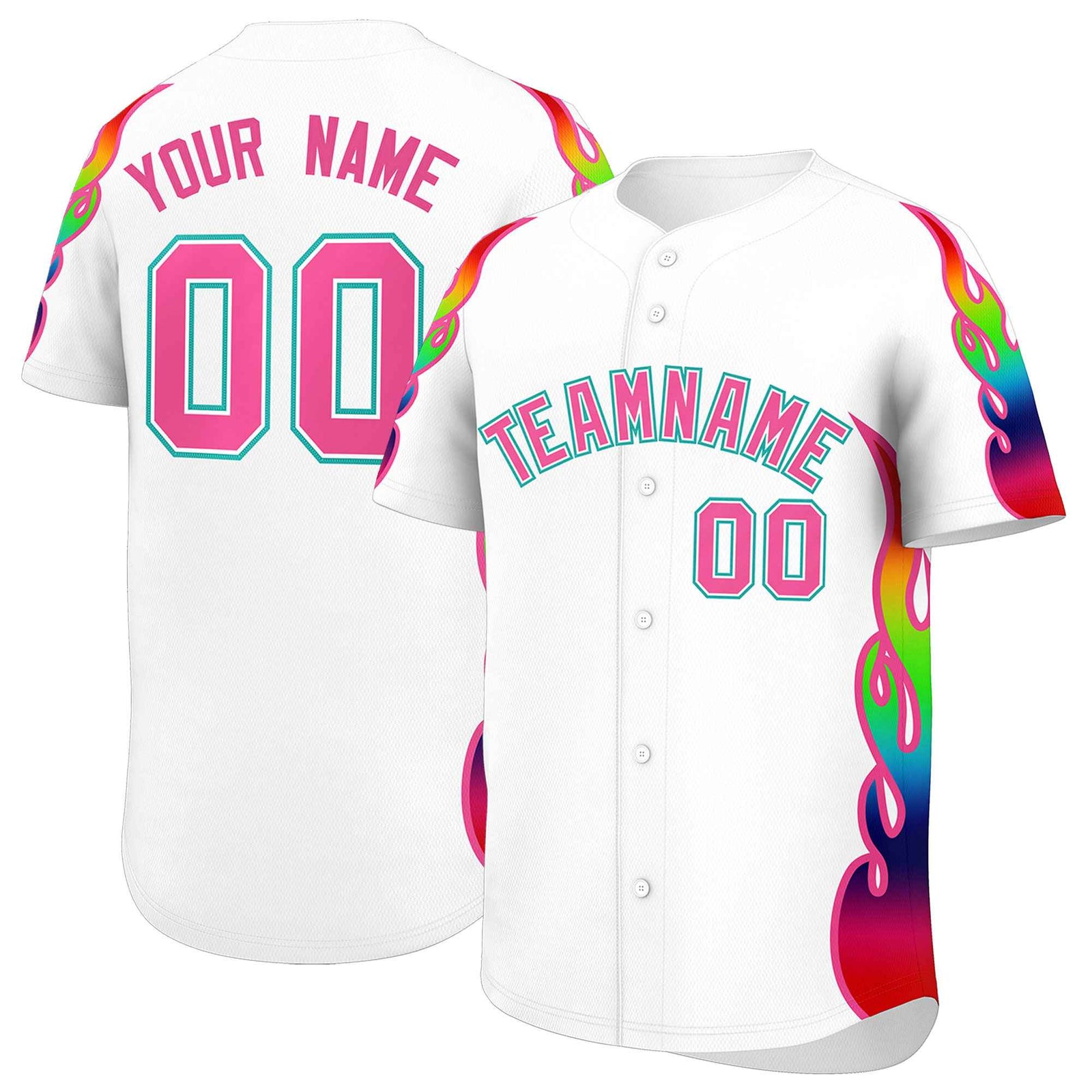 Custom White Graffiti Pattern Personalized Multicolored Flames Print Authentic Baseball Jersey