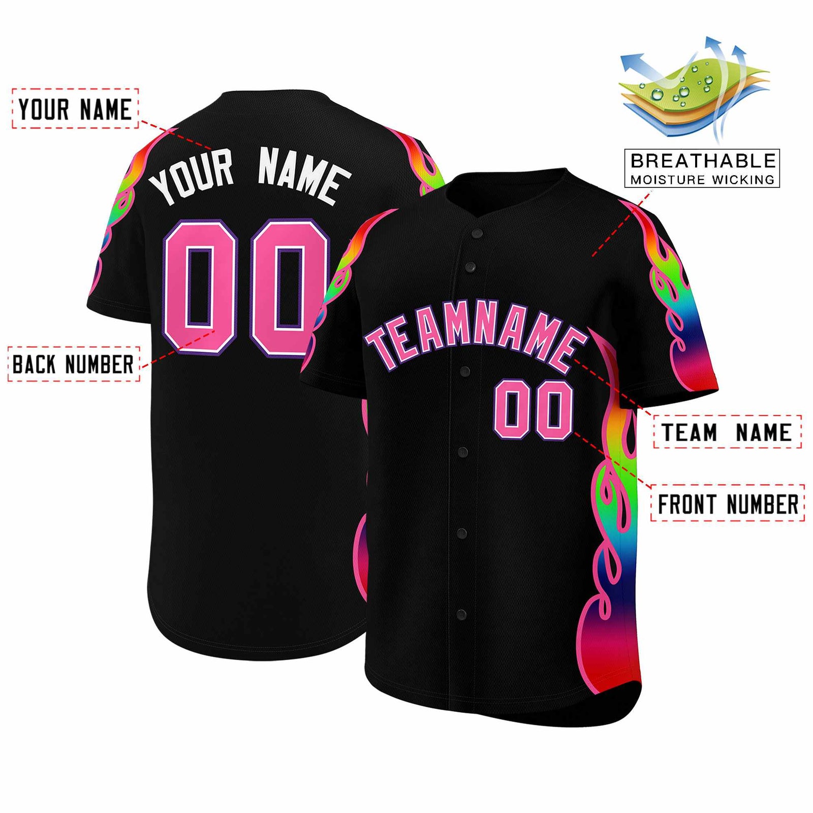 Custom Black Graffiti Pattern Personalized Multicolored Flames Print Authentic Baseball Jersey