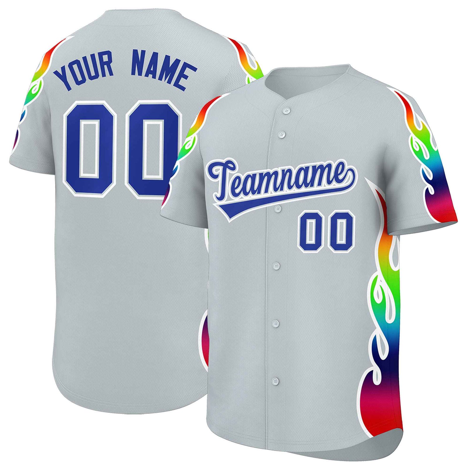 Custom Silver Graffiti Pattern Personalized Multicolored Flames Print Authentic Baseball Jersey