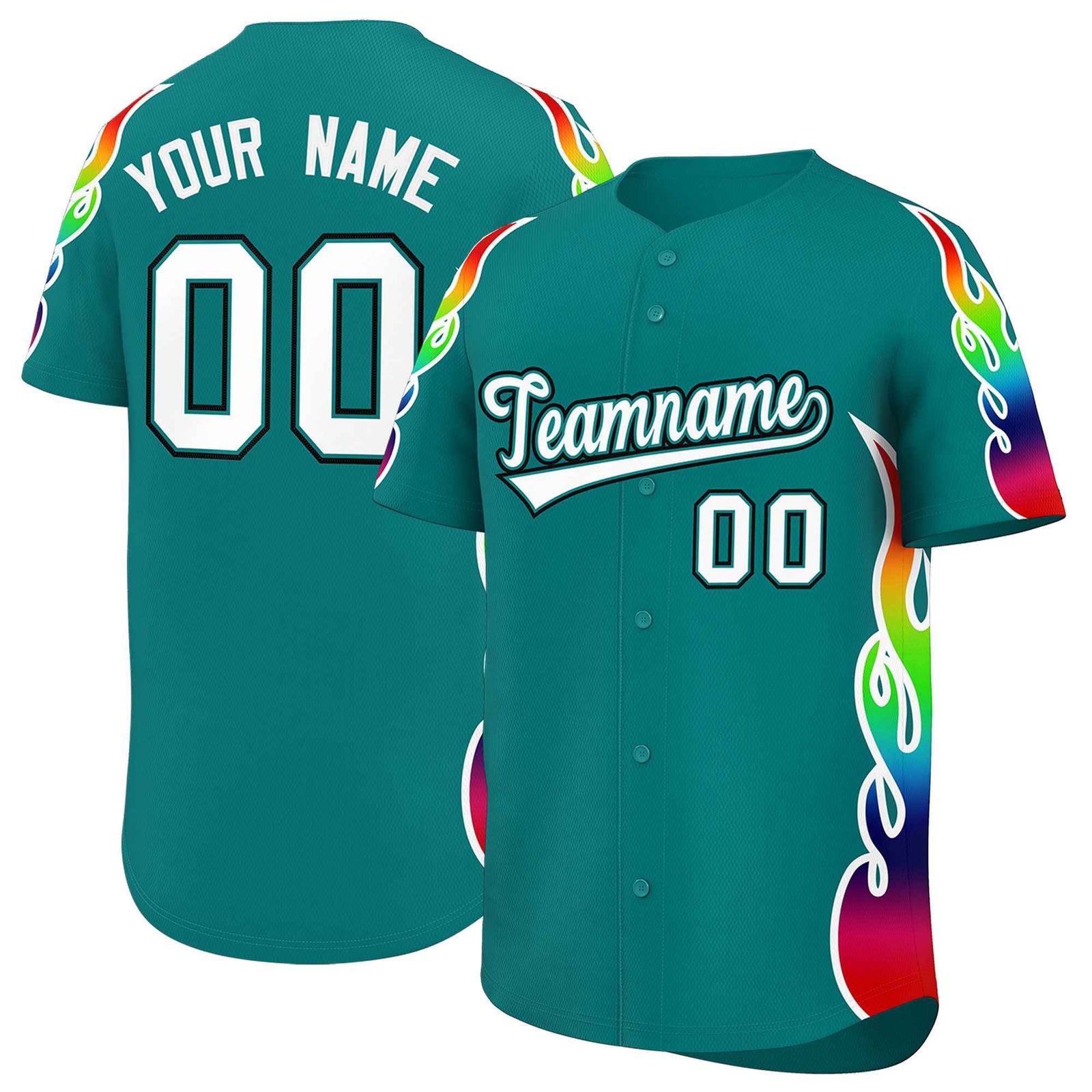 Custom Aqua Graffiti Pattern Personalized Multicolored Flames Print Authentic Baseball Jersey