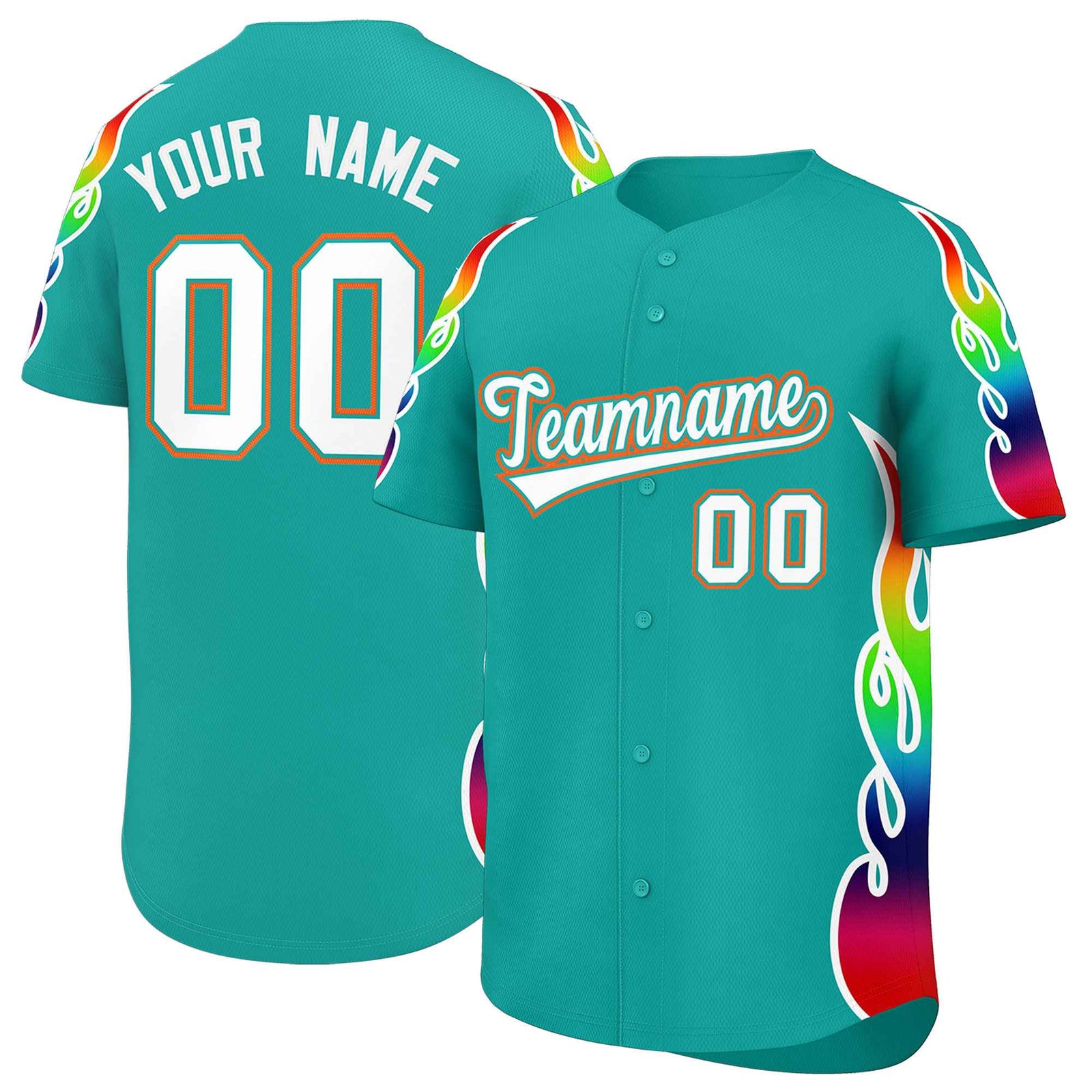 Custom Aqua Graffiti Pattern Personalized Multicolored Flames Print Authentic Baseball Jersey