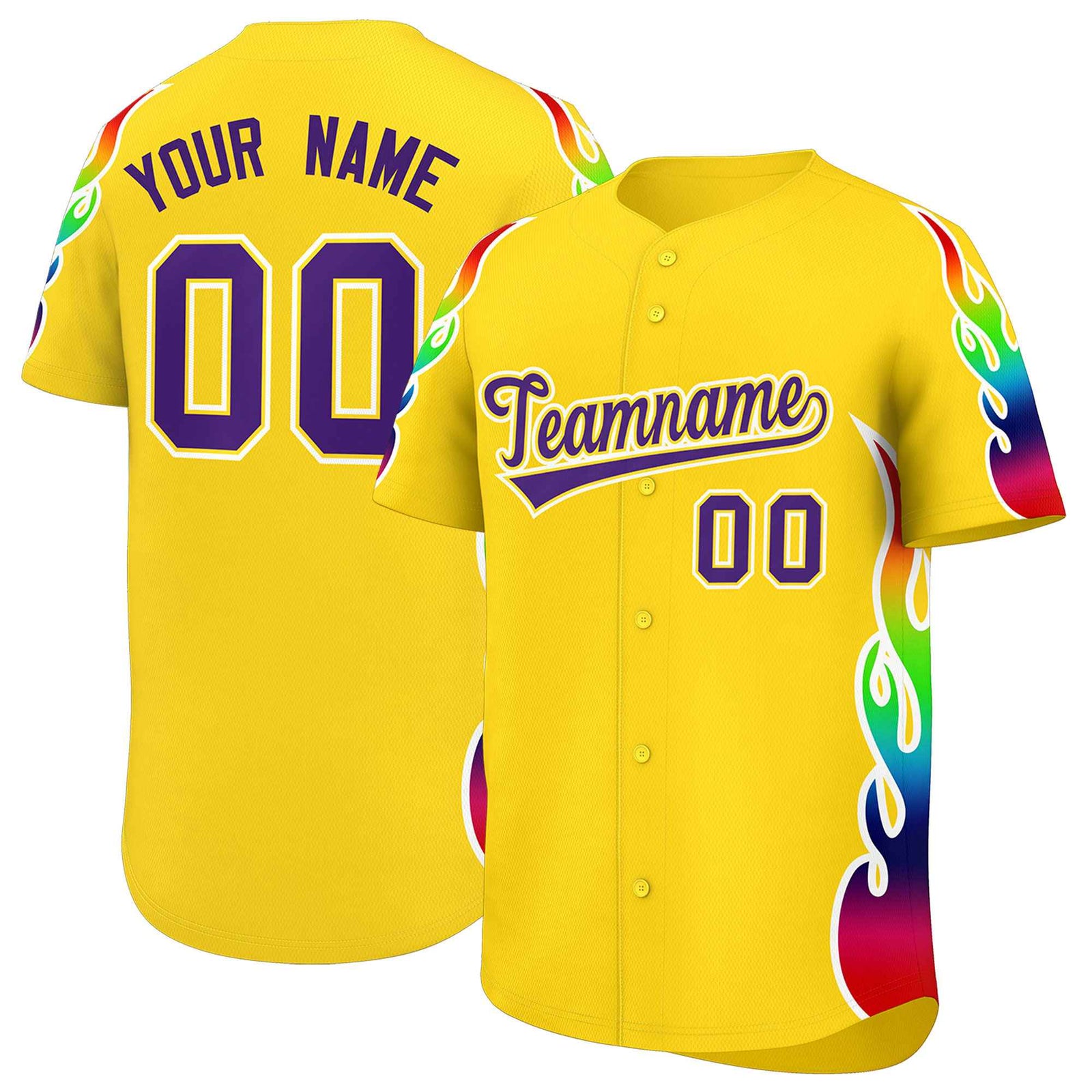 Custom Gold Graffiti Pattern Personalized Multicolored Flames Print Authentic Baseball Jersey