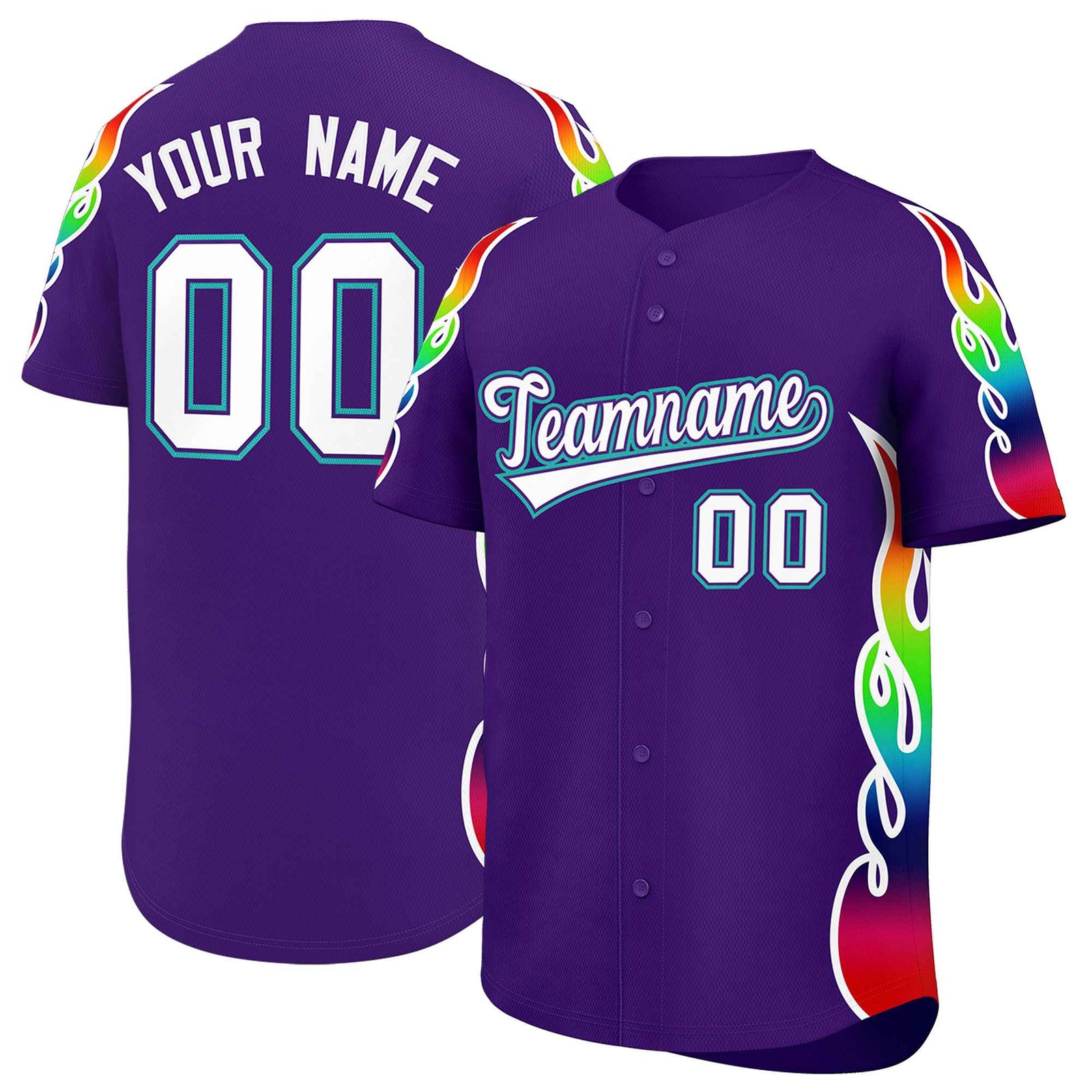 Custom Purple Graffiti Pattern Personalized Multicolored Flames Print Authentic Baseball Jersey
