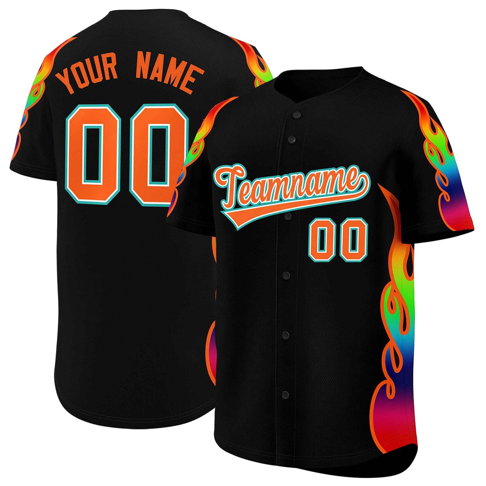 Custom Black Graffiti Pattern Personalized Multicolored Flames Print Authentic Baseball Jersey
