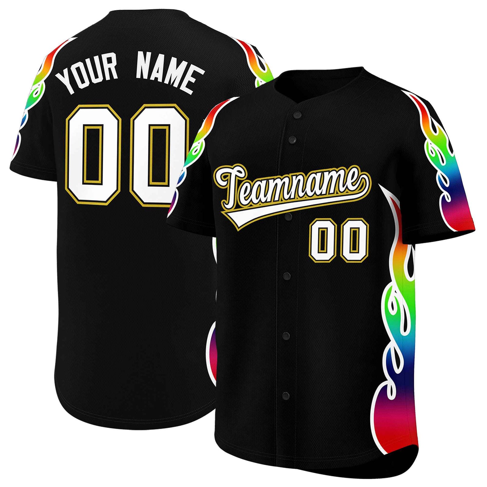 Custom Black Graffiti Pattern Personalized Multicolored Flames Print Authentic Baseball Jersey