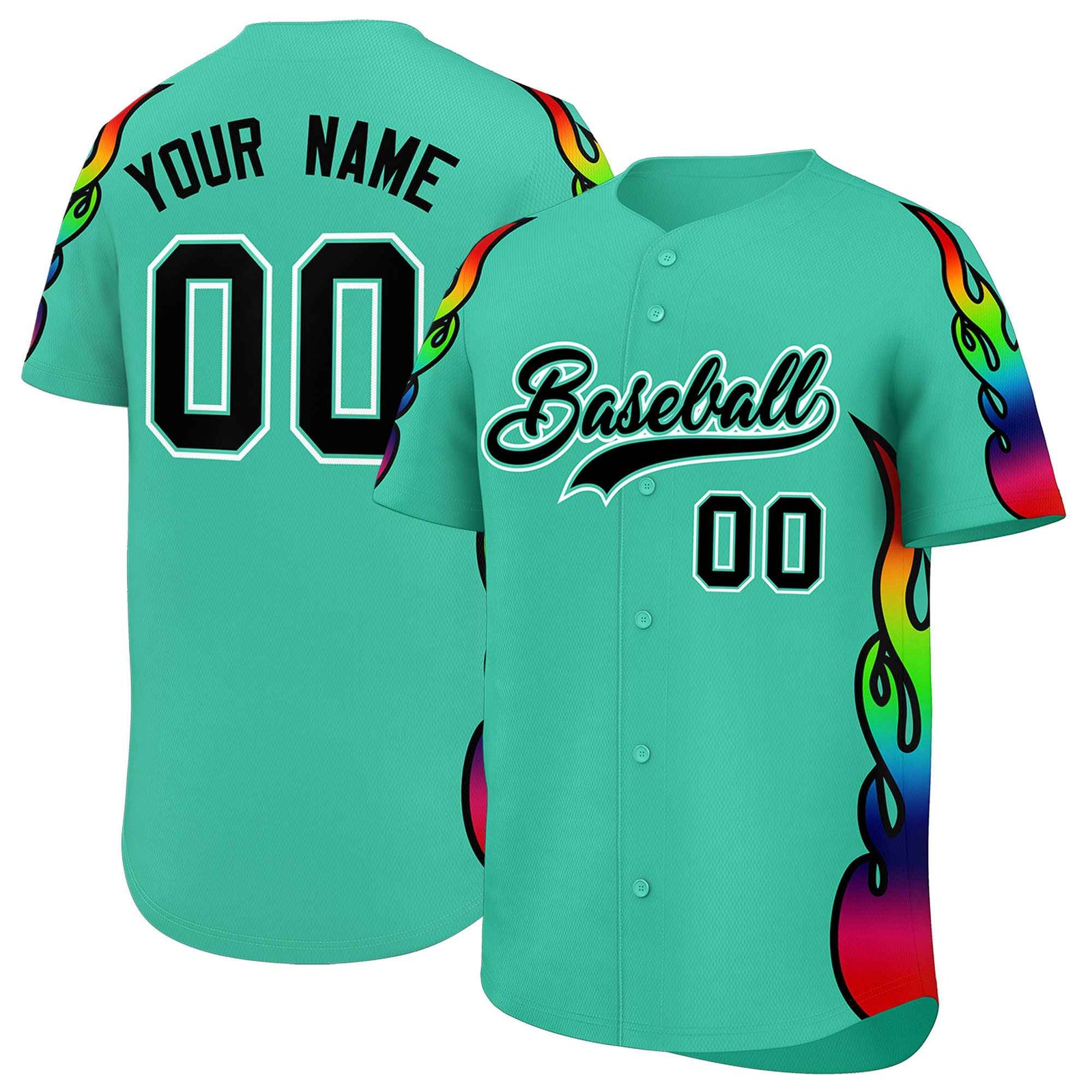 Custom Bright Green Graffiti Pattern Personalized Multicolored Flames Print Authentic Baseball Jersey