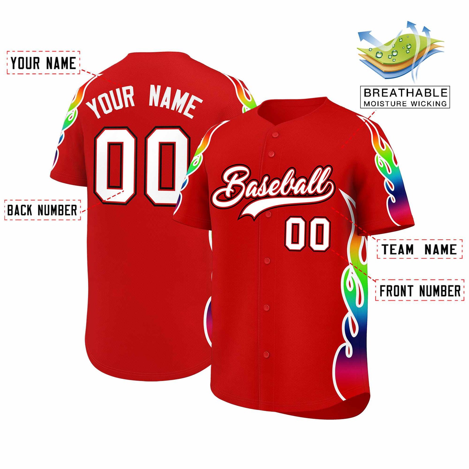 Custom Red Graffiti Pattern Personalized Multicolored Flames Print Authentic Baseball Jersey