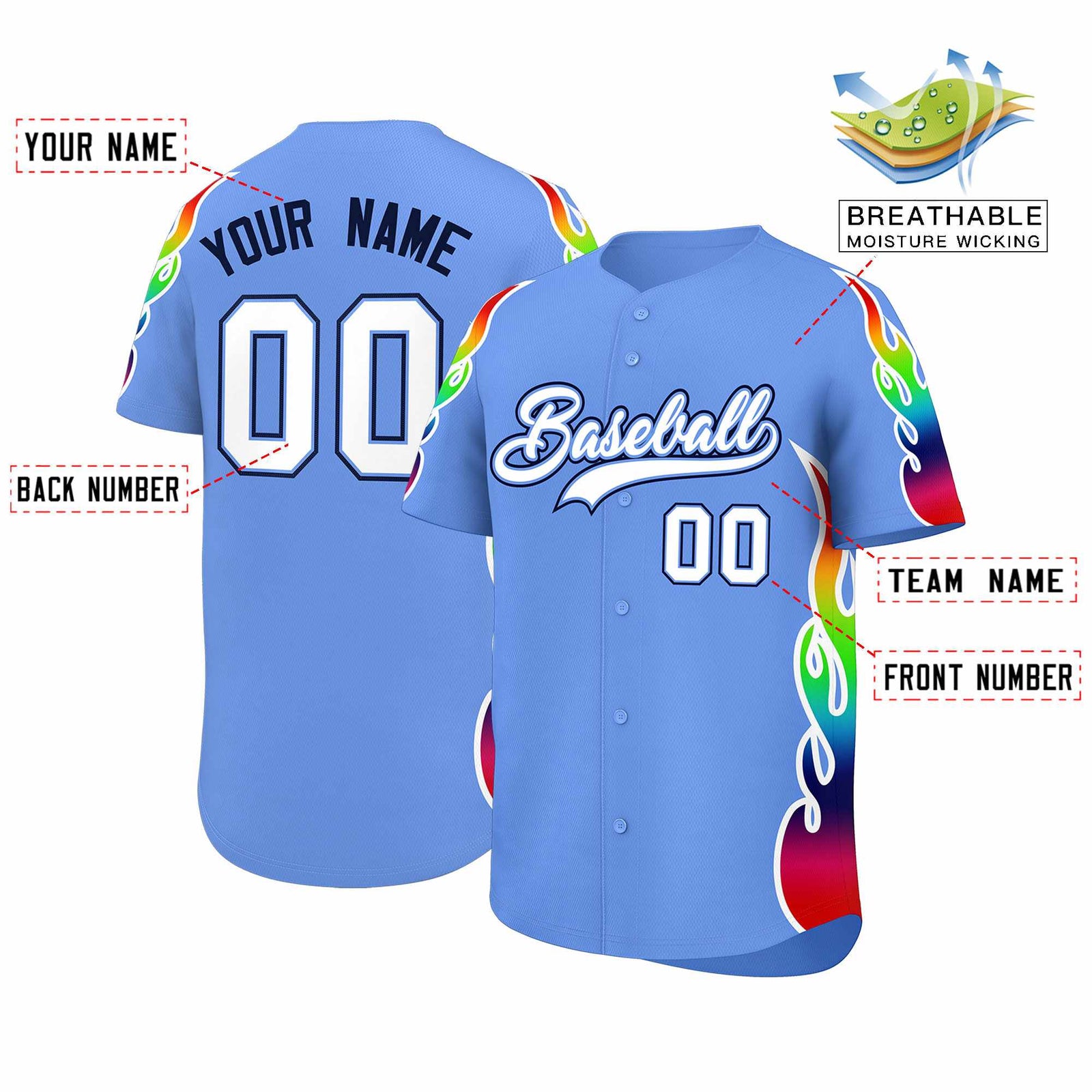 Custom Light Blue Graffiti Pattern Personalized Multicolored Flames Print Authentic Baseball Jersey