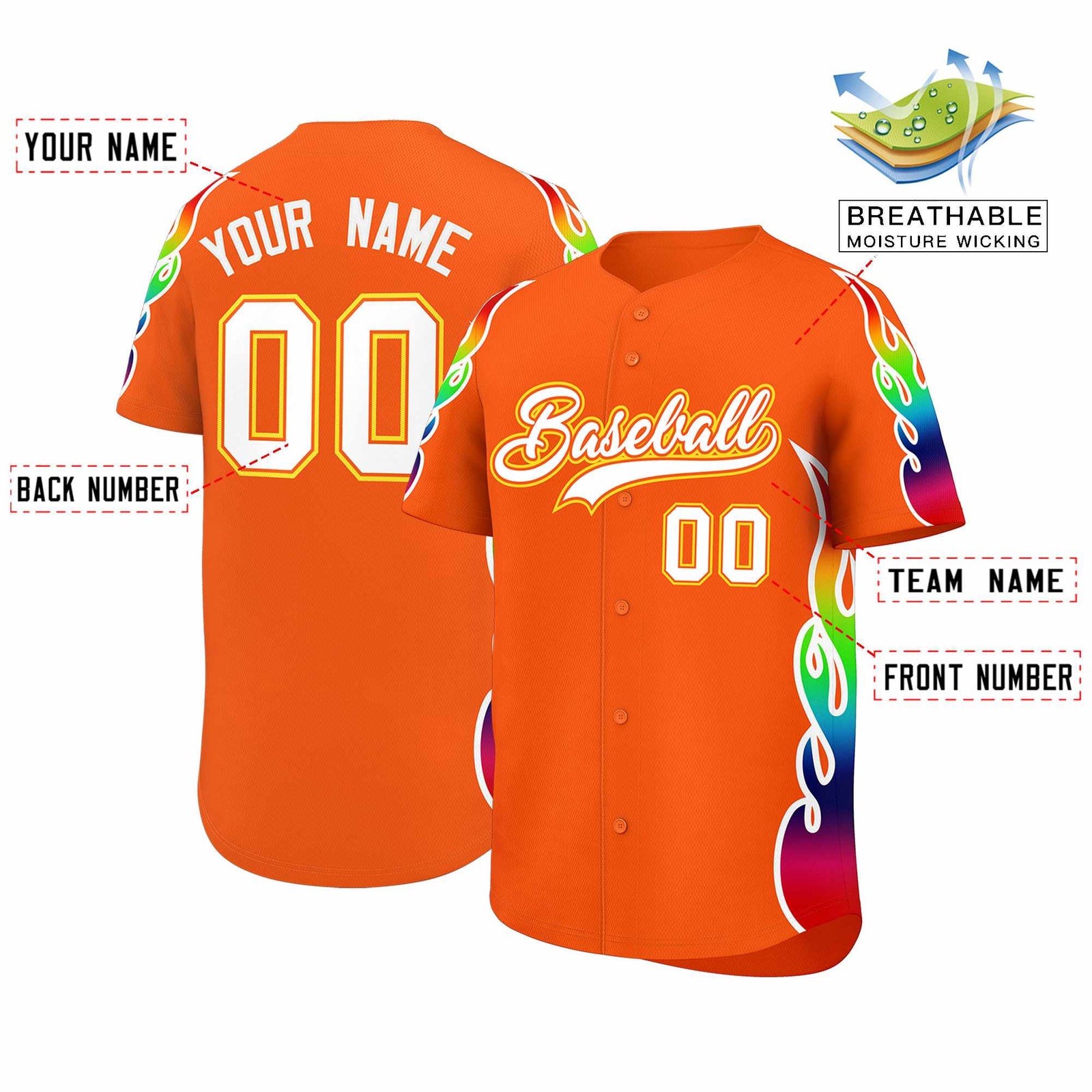 Custom Orange Graffiti Pattern Personalized Multicolored Flames Print Authentic Baseball Jersey
